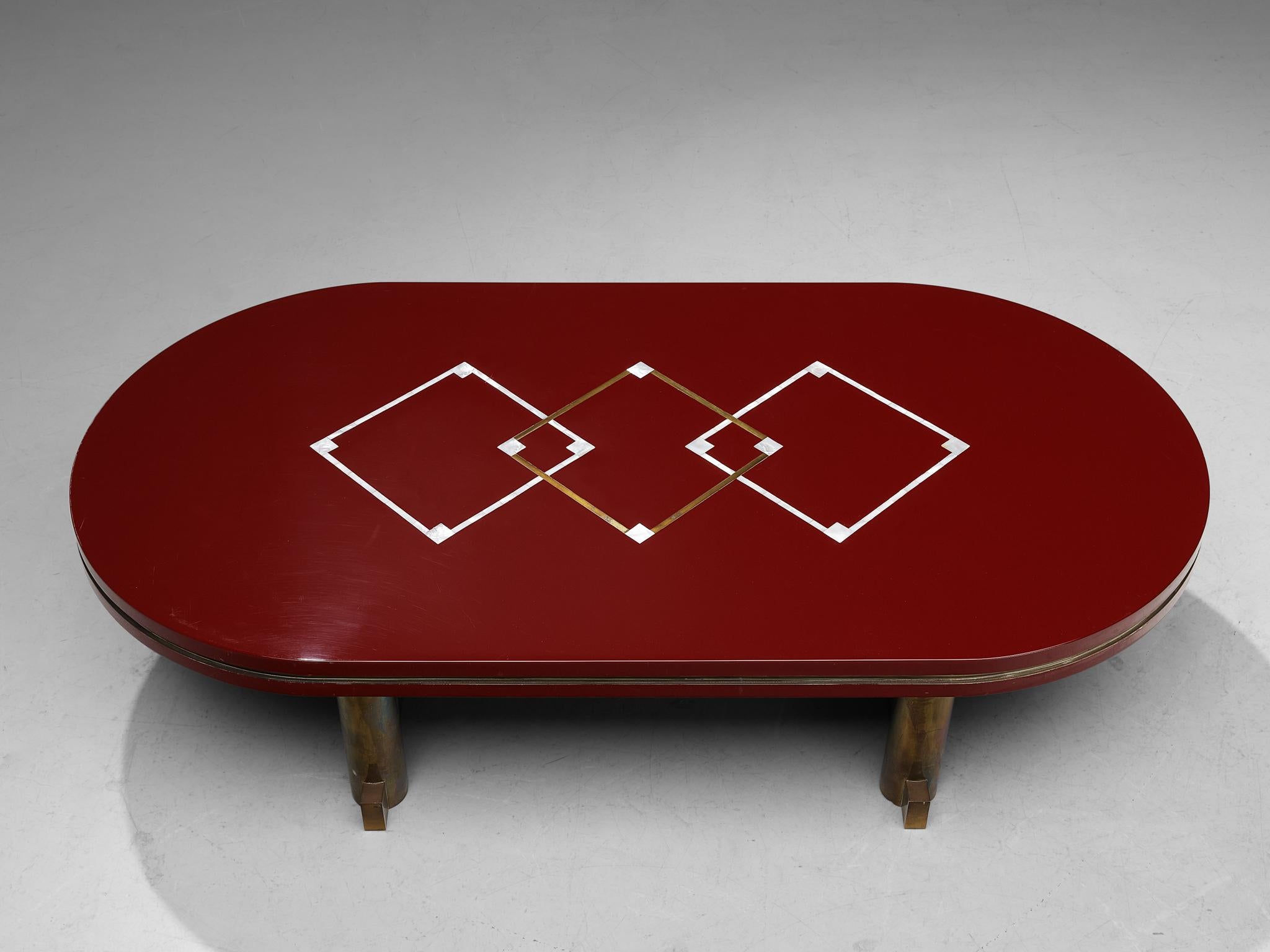 Mid-Century Modern Maison Jansen Burgundy Coffee Table in Brass and Mother of Pearl Inlay