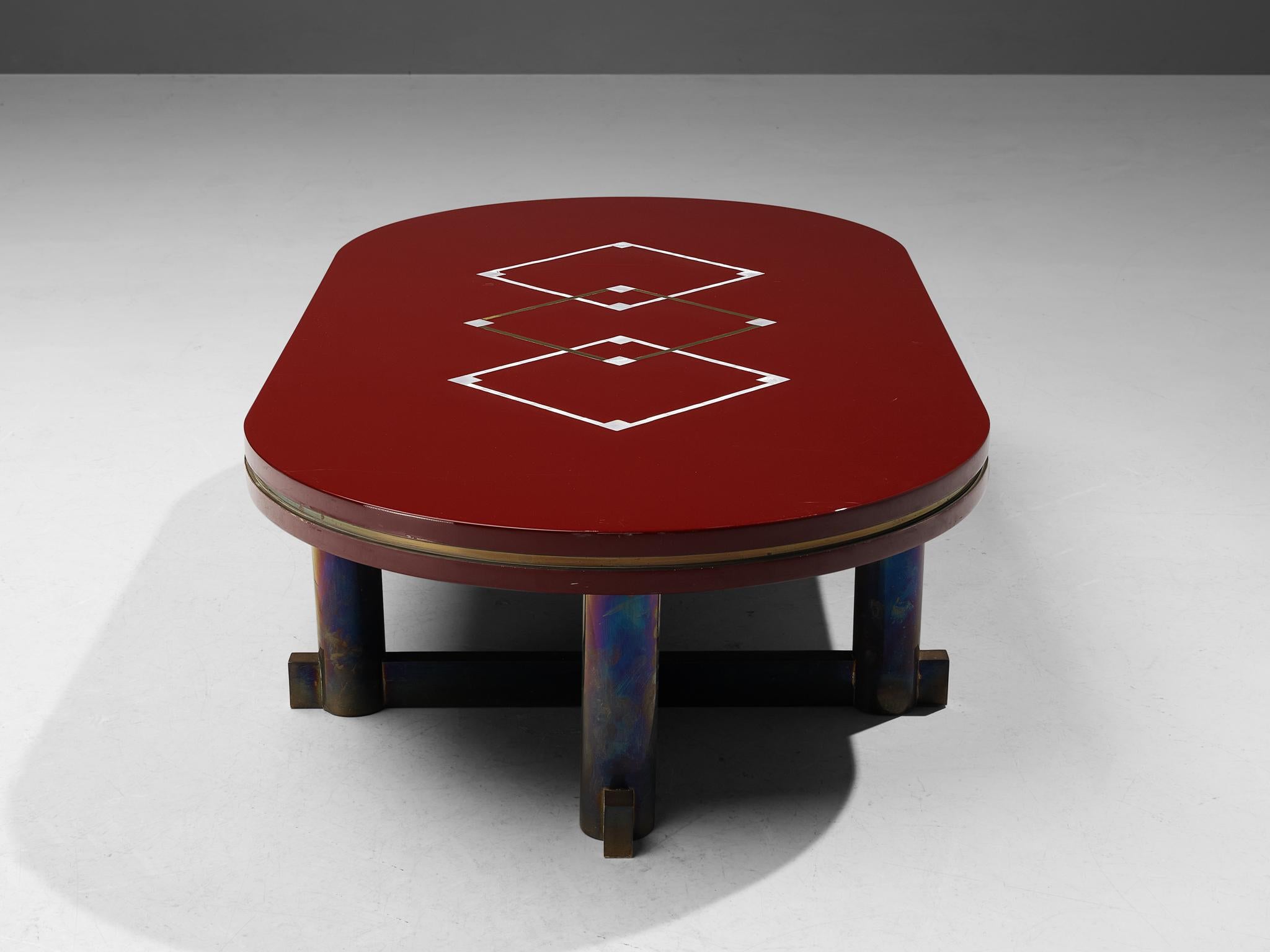 Late 20th Century Maison Jansen Burgundy Coffee Table in Brass and Mother of Pearl Inlay 