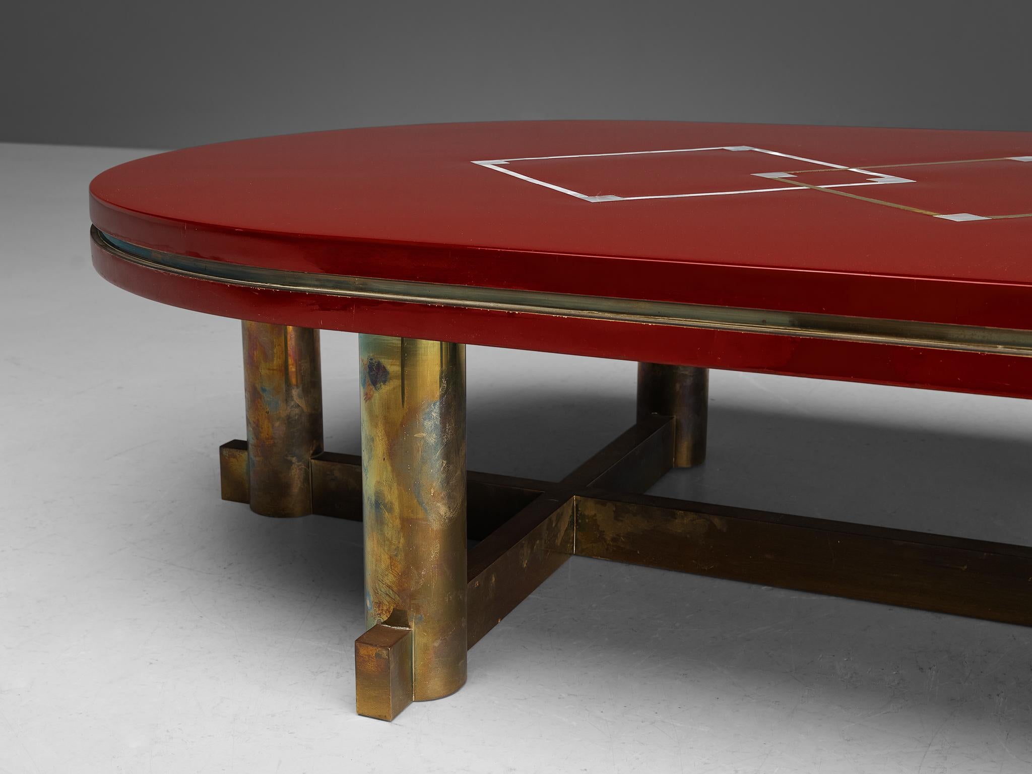 Maison Jansen Burgundy Coffee Table in Brass and Mother of Pearl Inlay 1