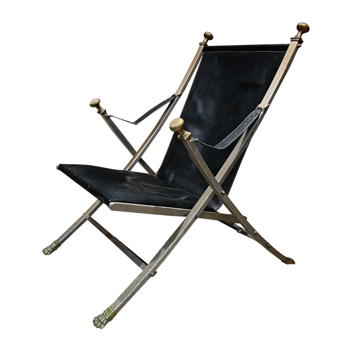1970er Jahre Maison Jansen Campaign Leder-Bronze-Loungesessel, Frankreich Otto Parzinger