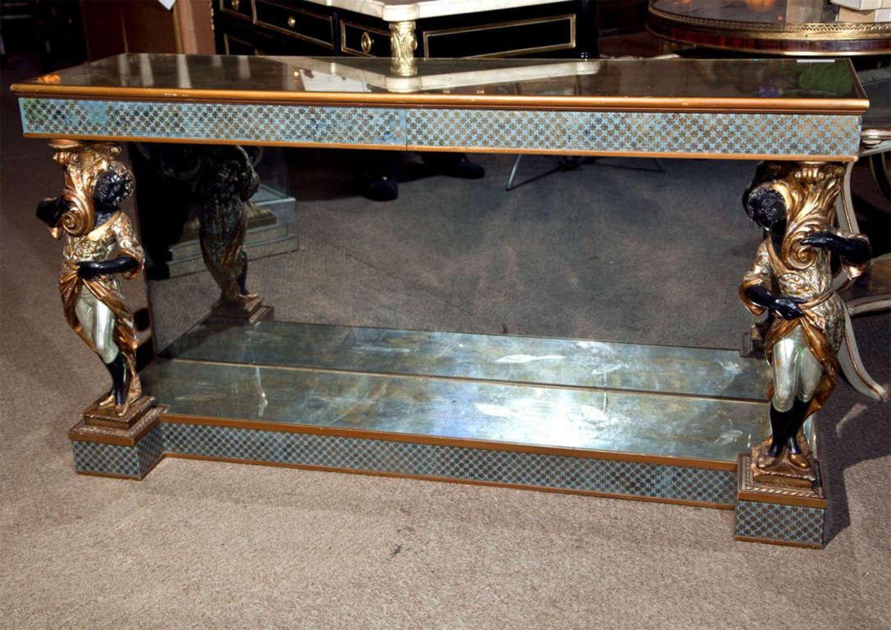 Maison Jansen, Hollywood Regency, Console, Eglomise Glass, Gilt, France, 1930s In Good Condition For Sale In Stamford, CT