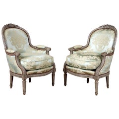 Maison Jansen Carved French Painted Bergere or Armchairs in Louis XVI Style