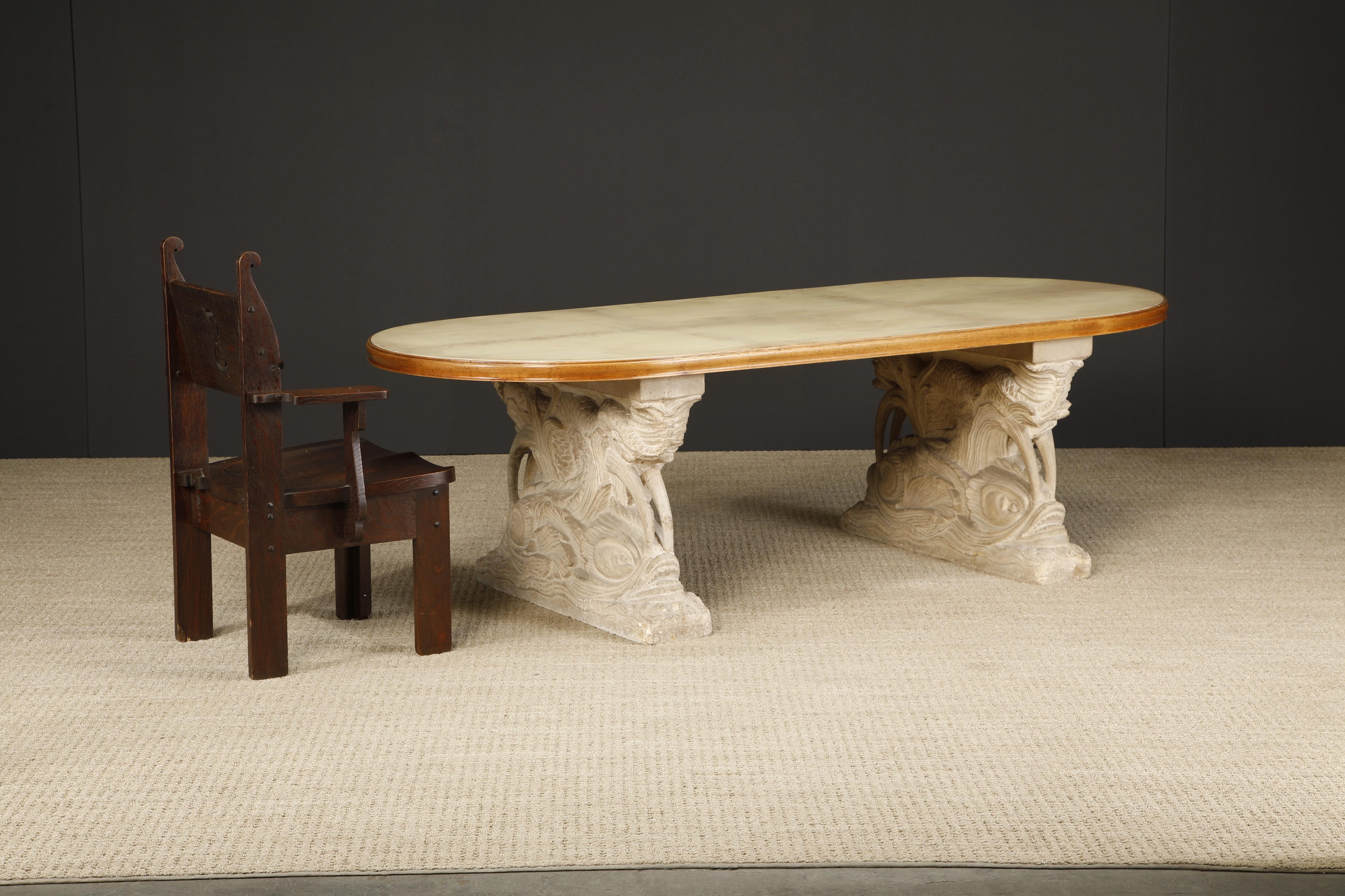 Table de salle à manger en pierre sculptée, Oak et Vellum laqué de la Maison Jansen, c. 1940 en vente 7