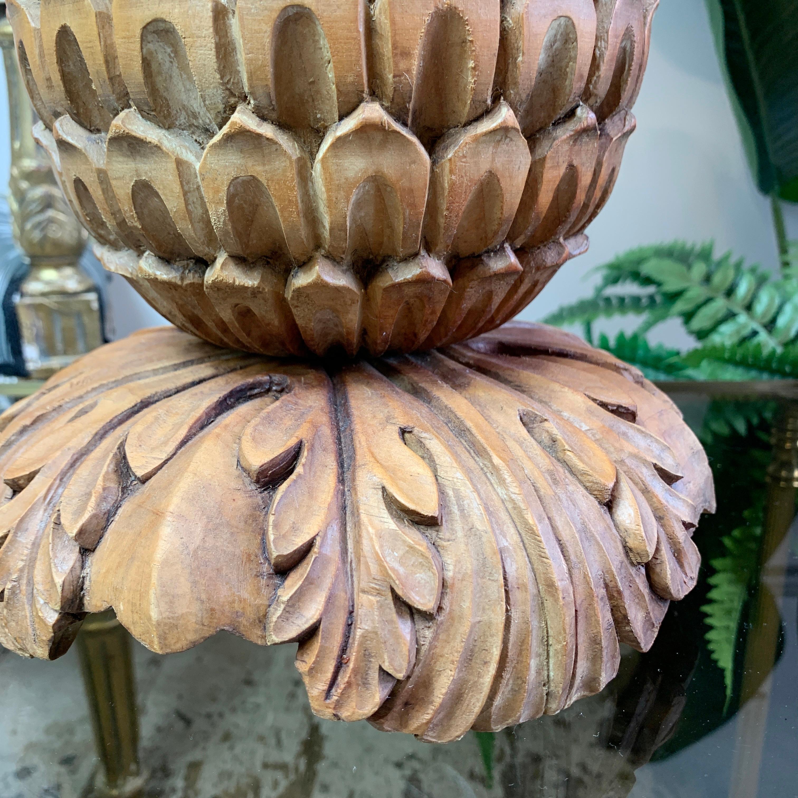 French Maison Jansen Carved Wooden Pineapple Table Lamp For Sale
