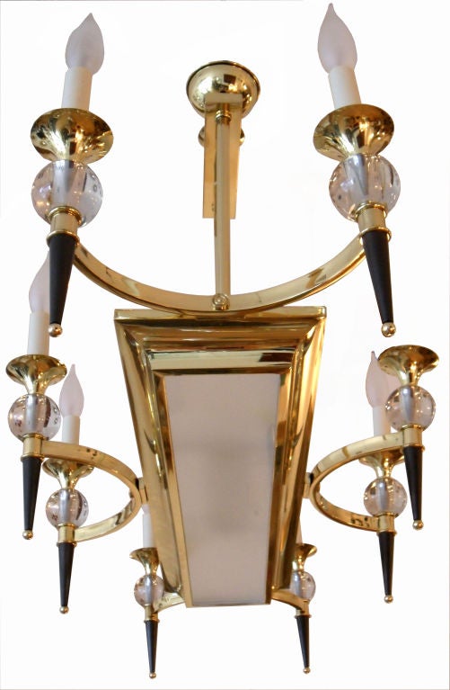 Impressive Maison Jansen chandelier, 2 patinas, gun metal and brass.
8 lights
Wired for US and in working condition.