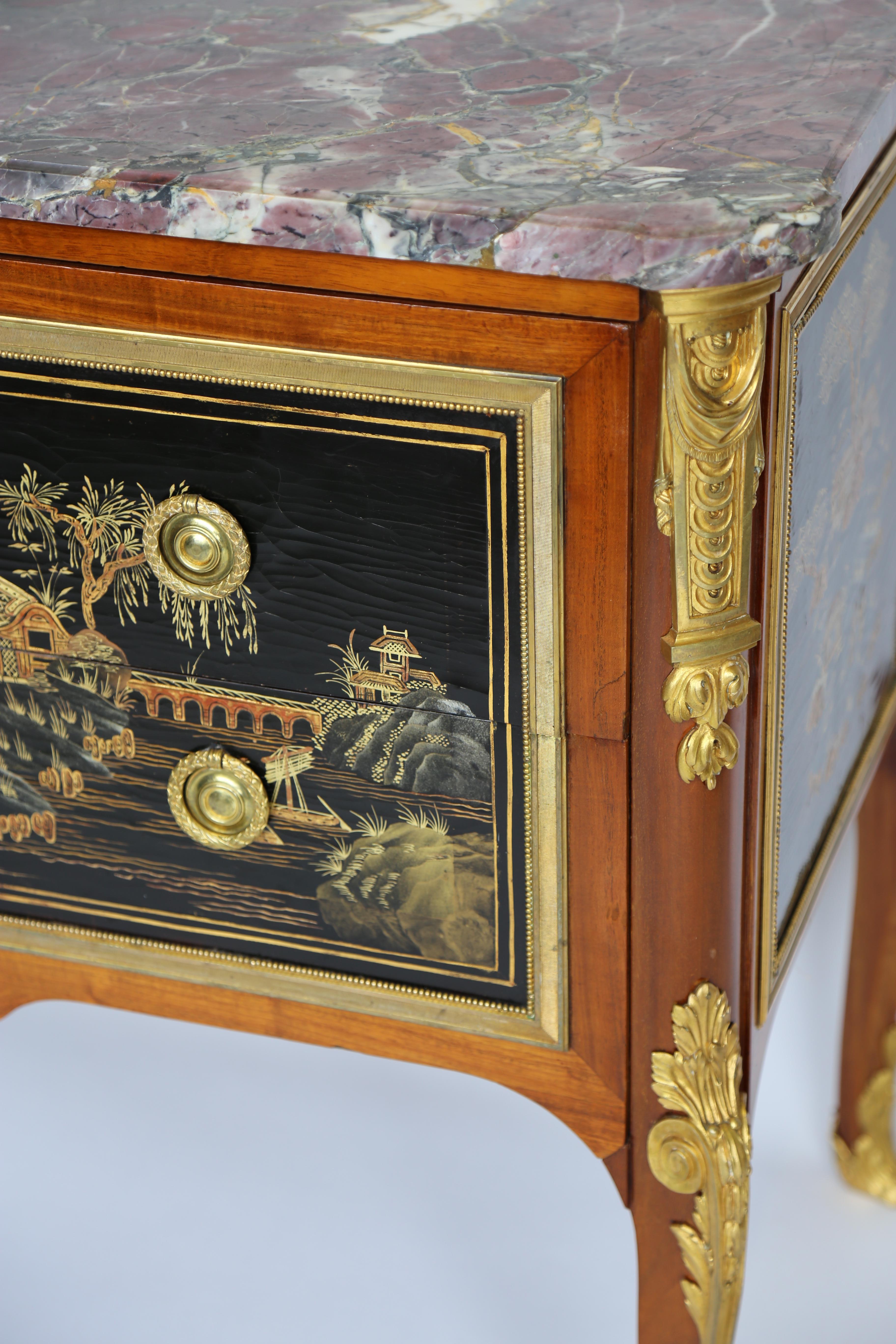 Rare Maison Jansen Chinoiserie Commode with two drawers, ornate gilt detailing and marble top.
