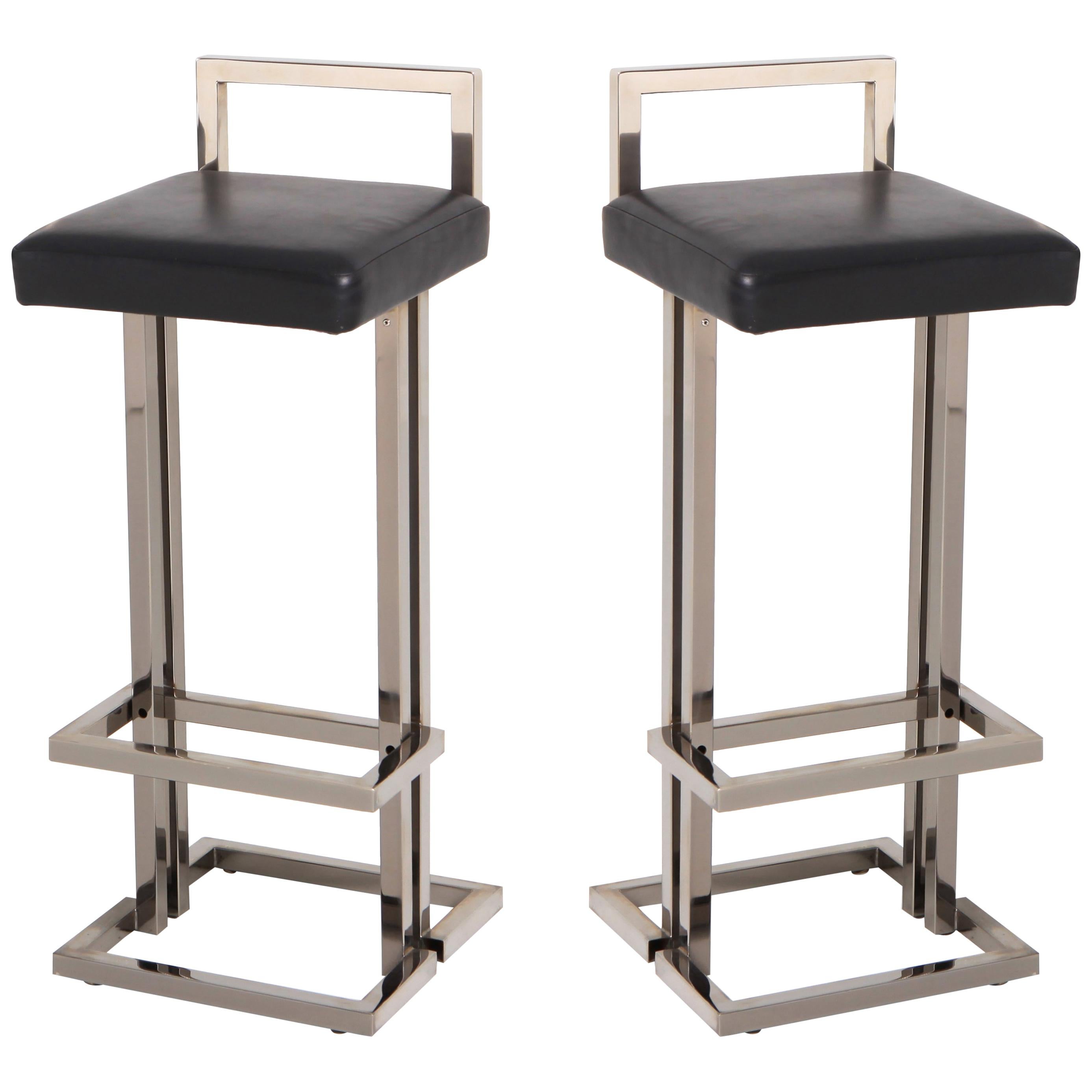 Chrome pair of bar stools by Maison Jansen
black leather seats, in very good condition.
We can however reupholster these in any fabric of choice.
 