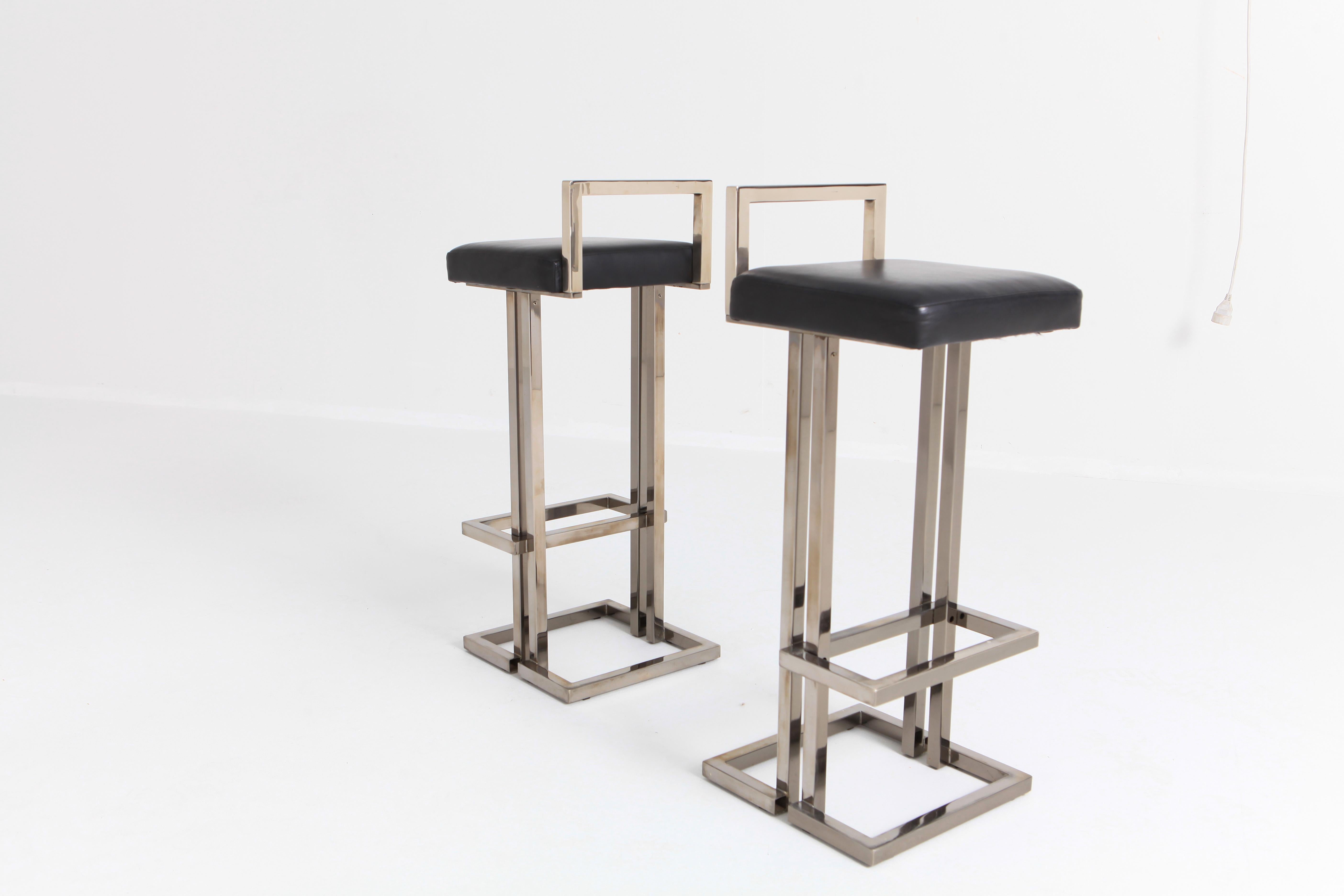 Maison Jansen Chrome and Black Leather Bar Stools 2