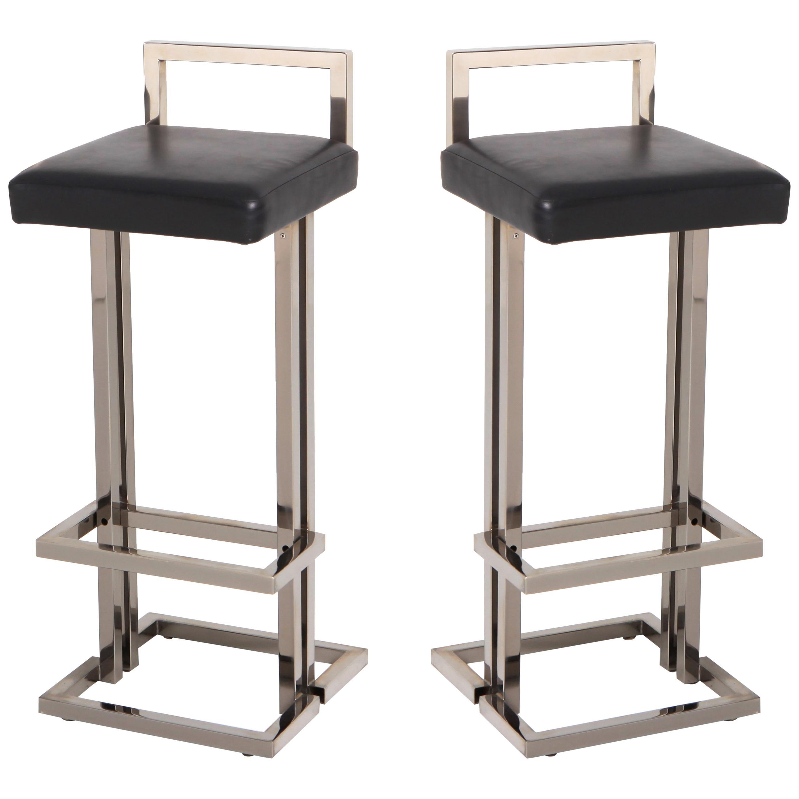 Maison Jansen Chrome and Black Leather Bar Stools