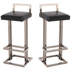 Vintage Maison Jansen Chrome and Black Leather Bar Stools