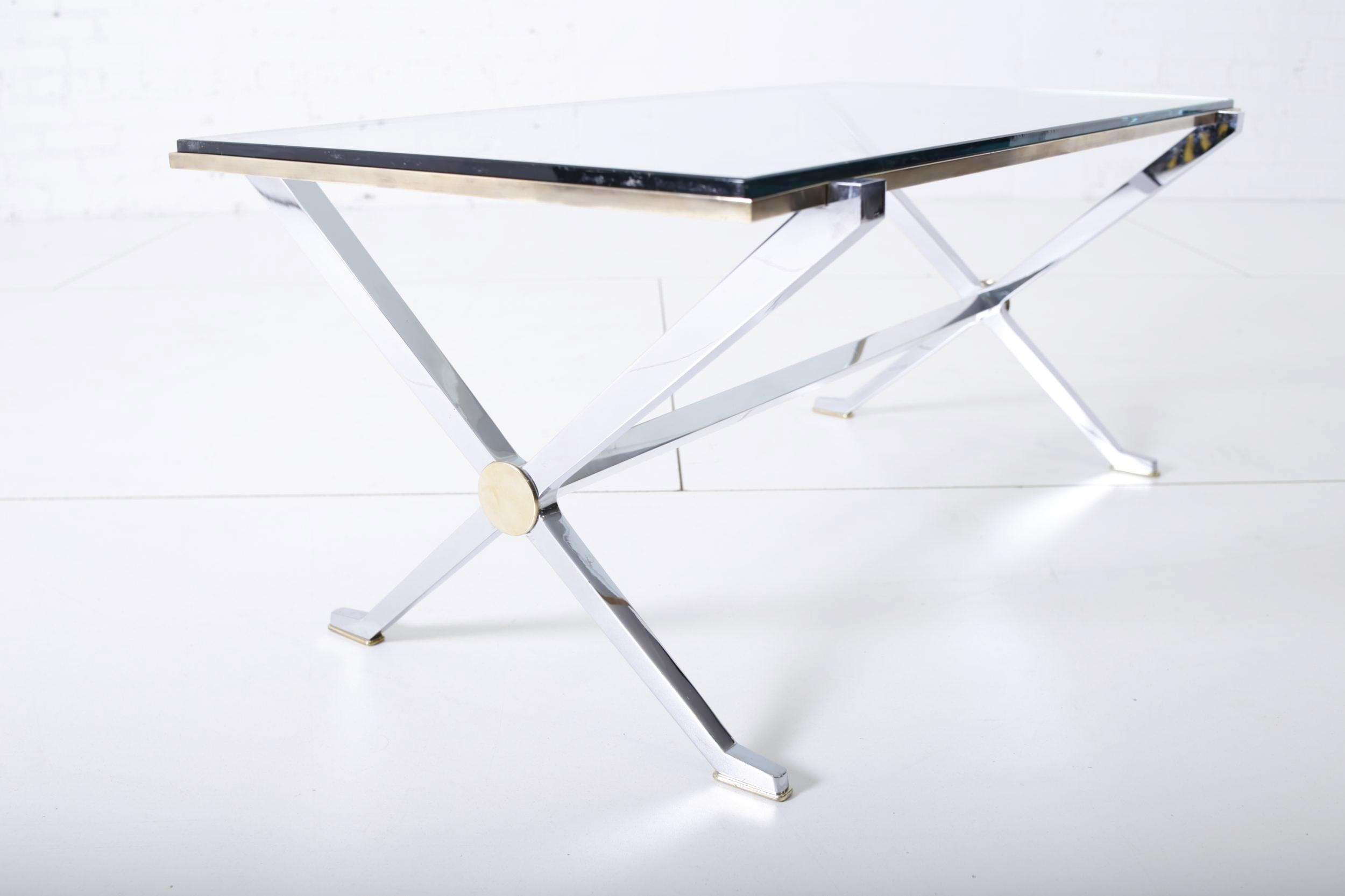 Mid-Century Modern Maison Jansen Chrome and Brass X Base Coffee Table For Sale