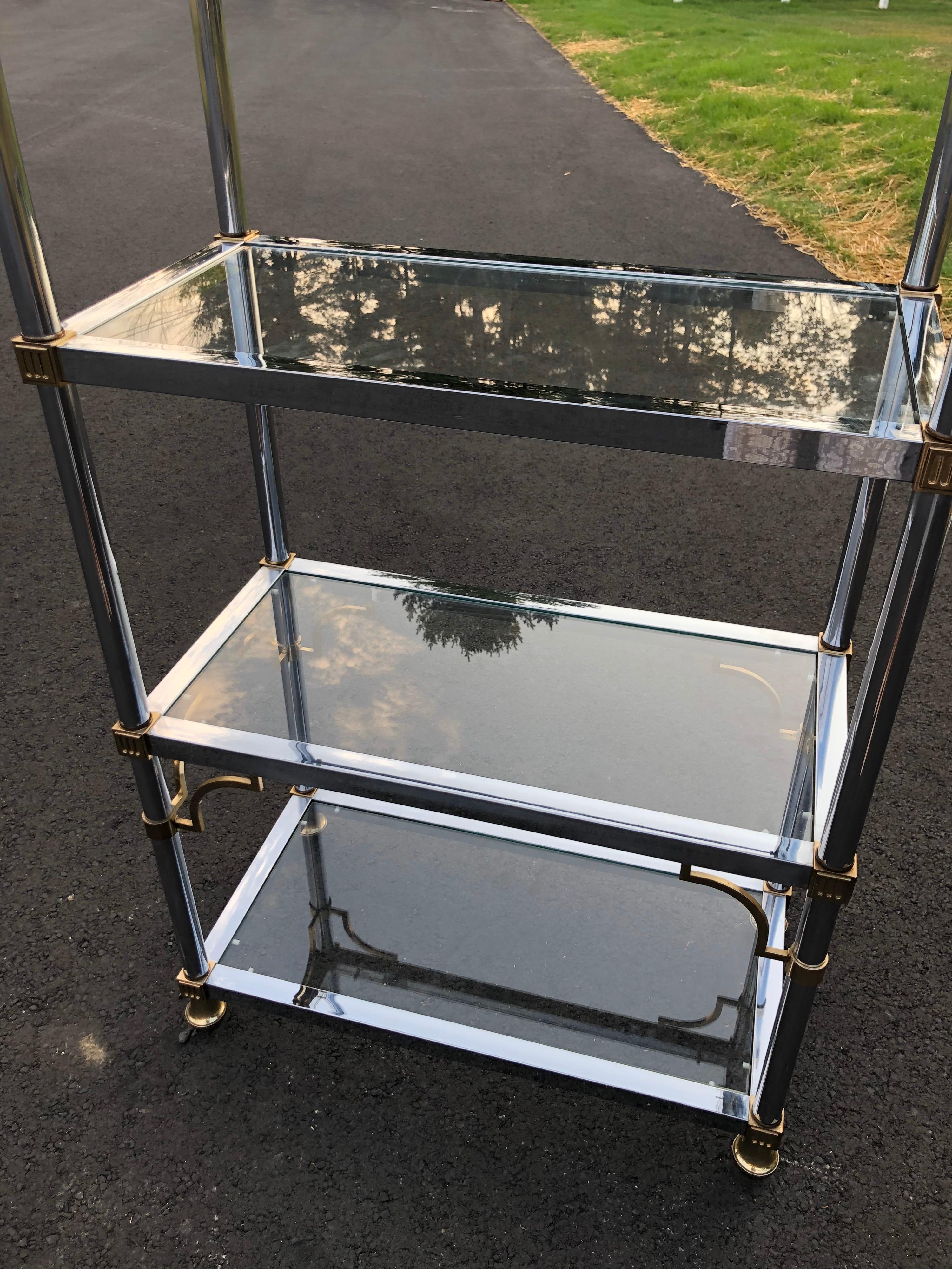 Brass Maison Jansen Chrome and Glass Étagère