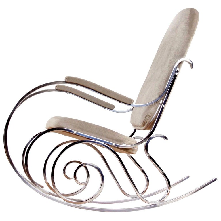 Maison Jansen Chrome Rocking Chair with New Velour Fabric, 1970s For Sale