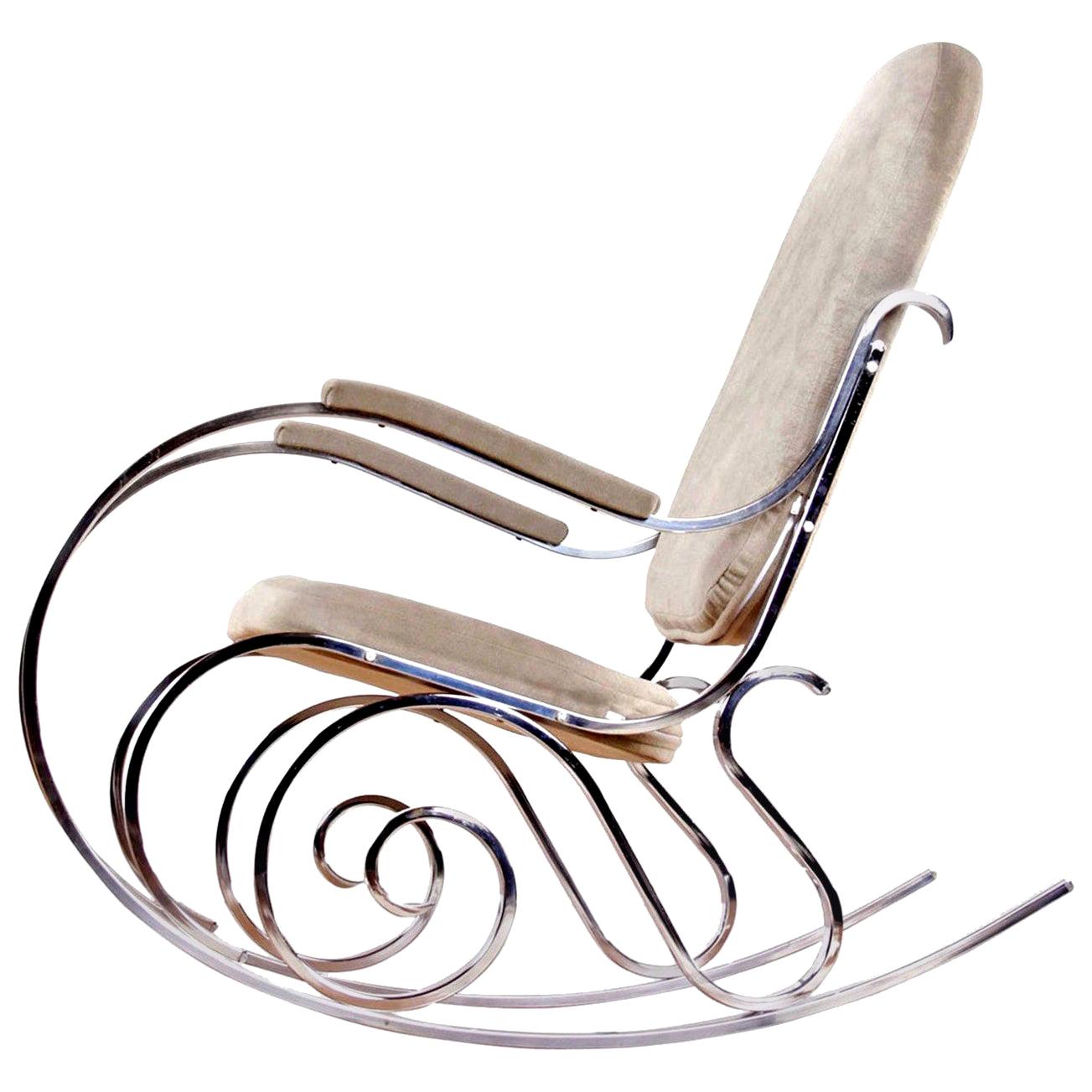 Maison Jansen Chrome Rocking Chair with New Velour Fabric, 1970s