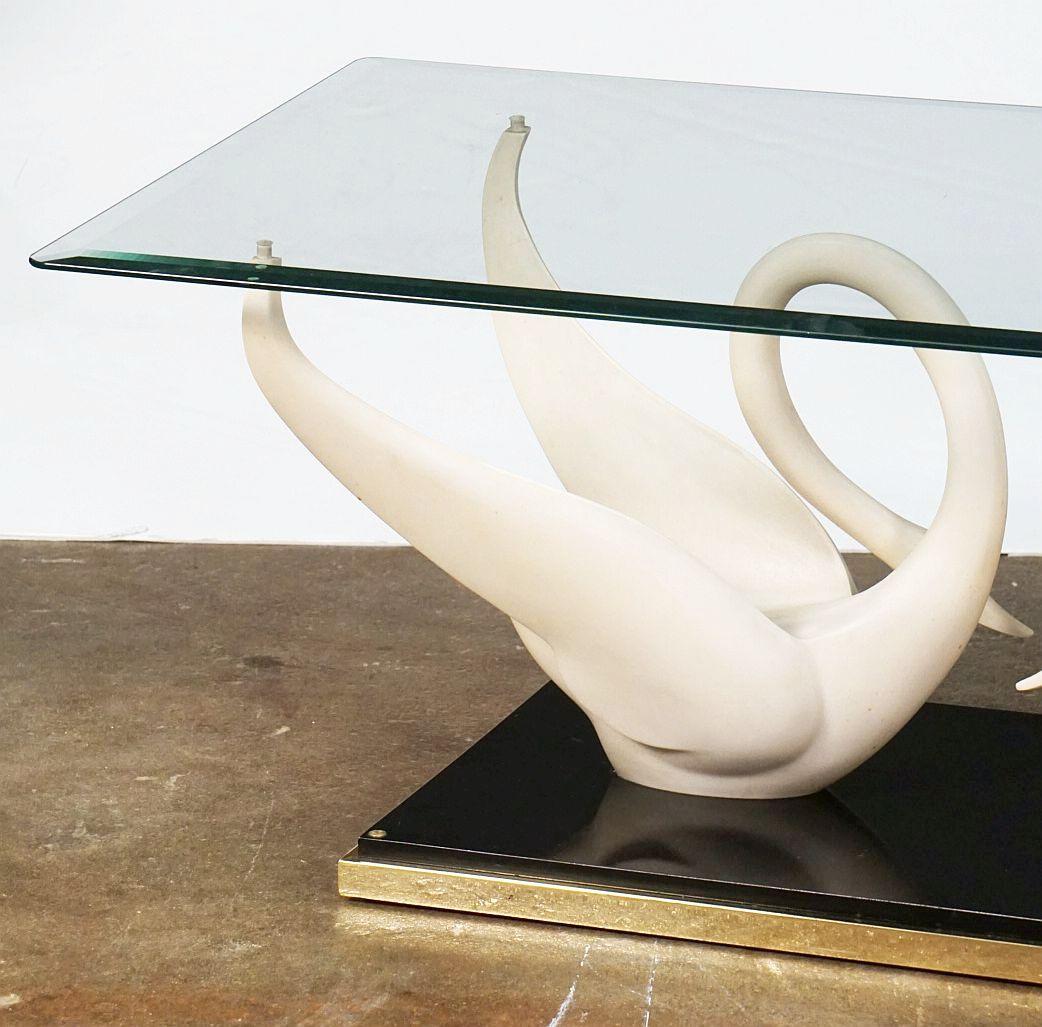 Maison Jansen Coffee or Cocktail Table with Swan Base and Glass Top, Signed In Good Condition For Sale In Austin, TX
