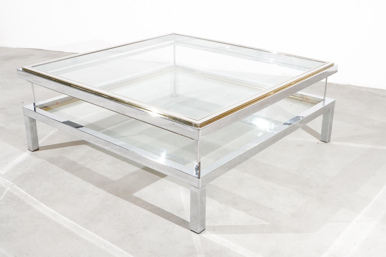 Hollywood Regency Maison Jansen, Coffee Table, Chrom Brass, France, Glass, Sliding Top For Sale