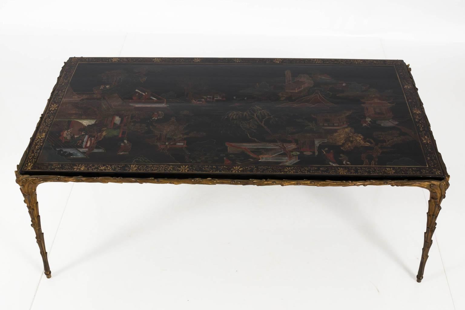 Painted Maison Jansen Coffee Table with 18th Century Chinese Panel