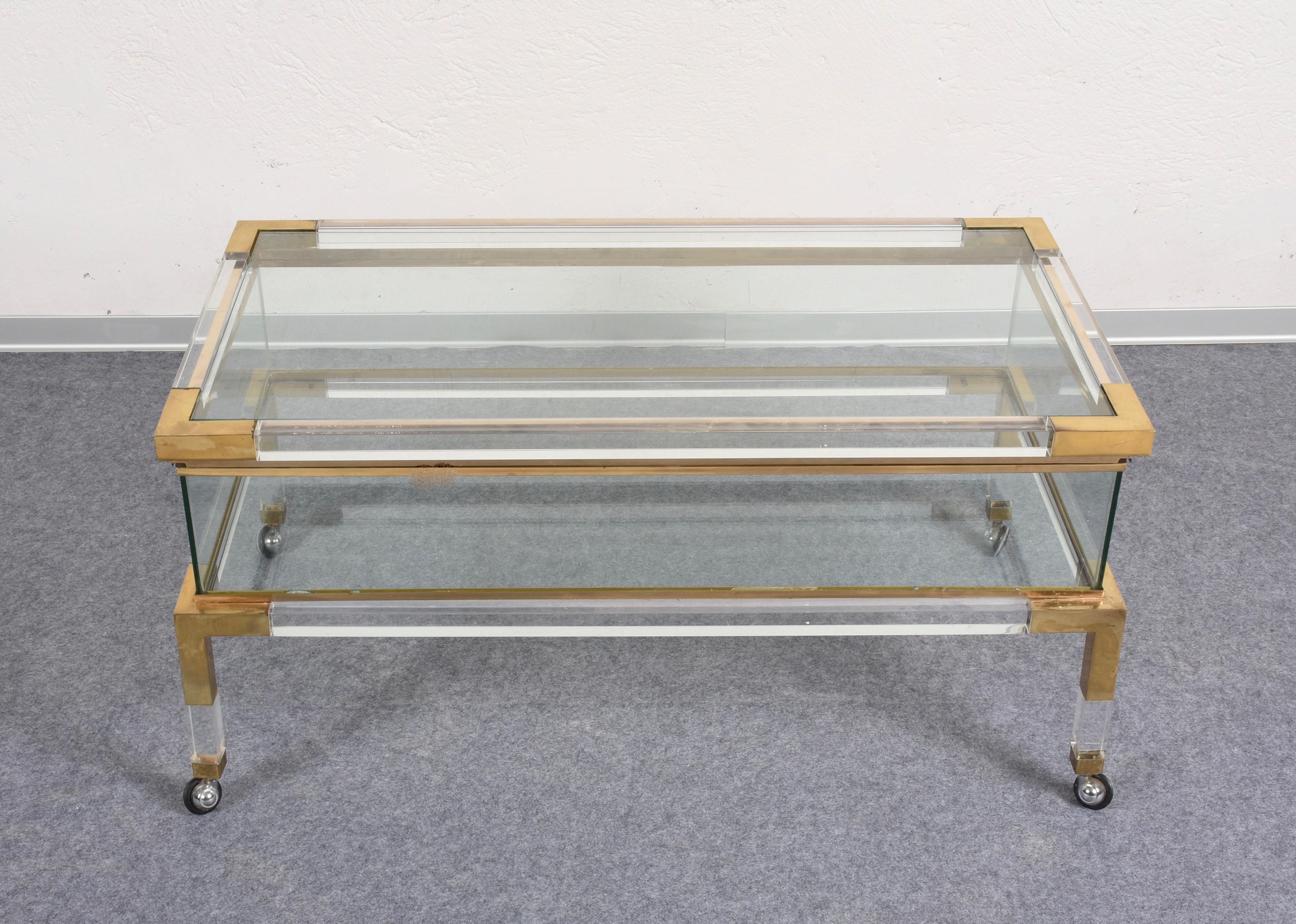 Maison Jansen Coffee Table with Sliding Shelf Lucite and Brass, France, 1970s 3