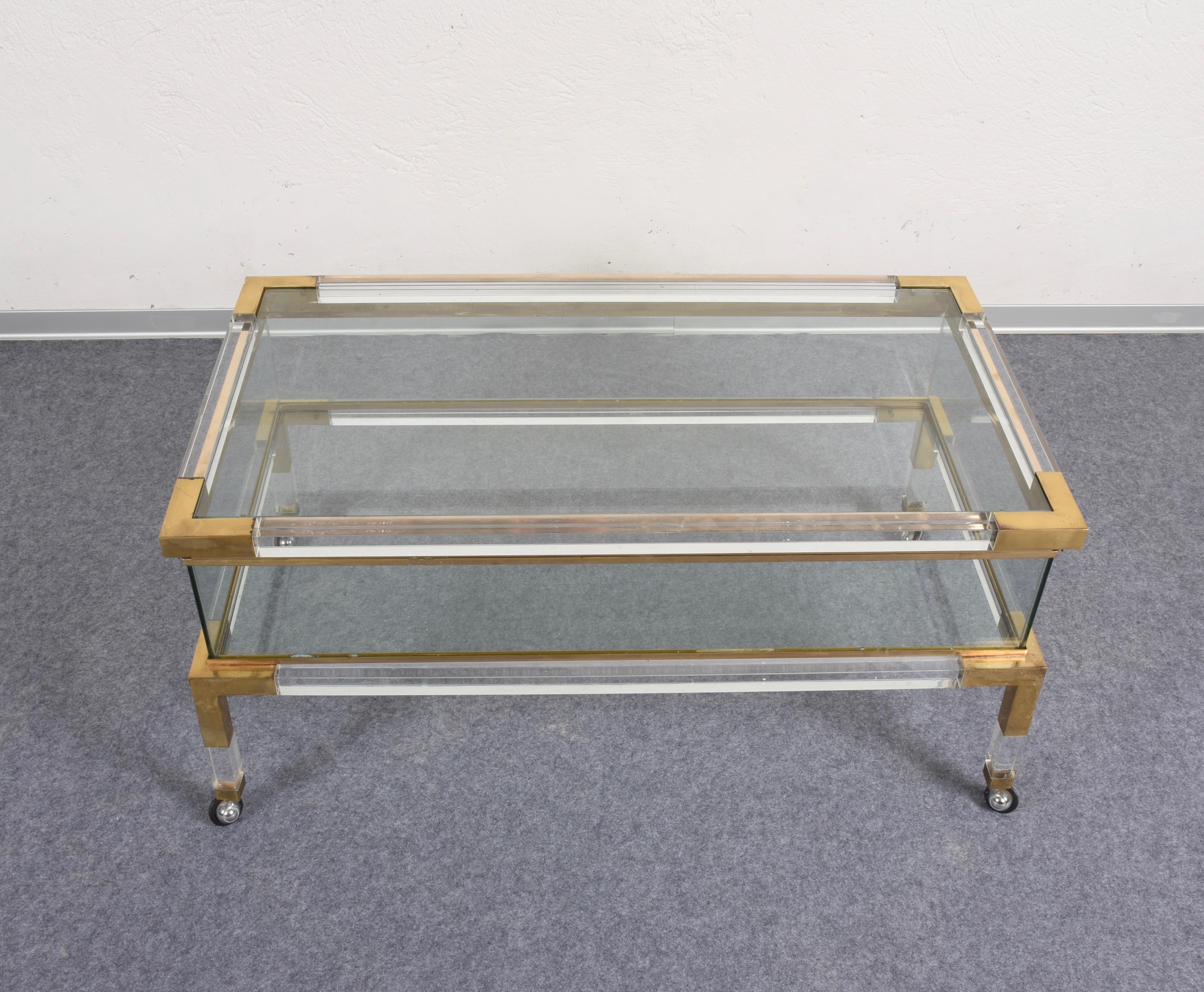Maison Jansen Coffee Table with Sliding Shelf Lucite and Brass, France, 1970s 4
