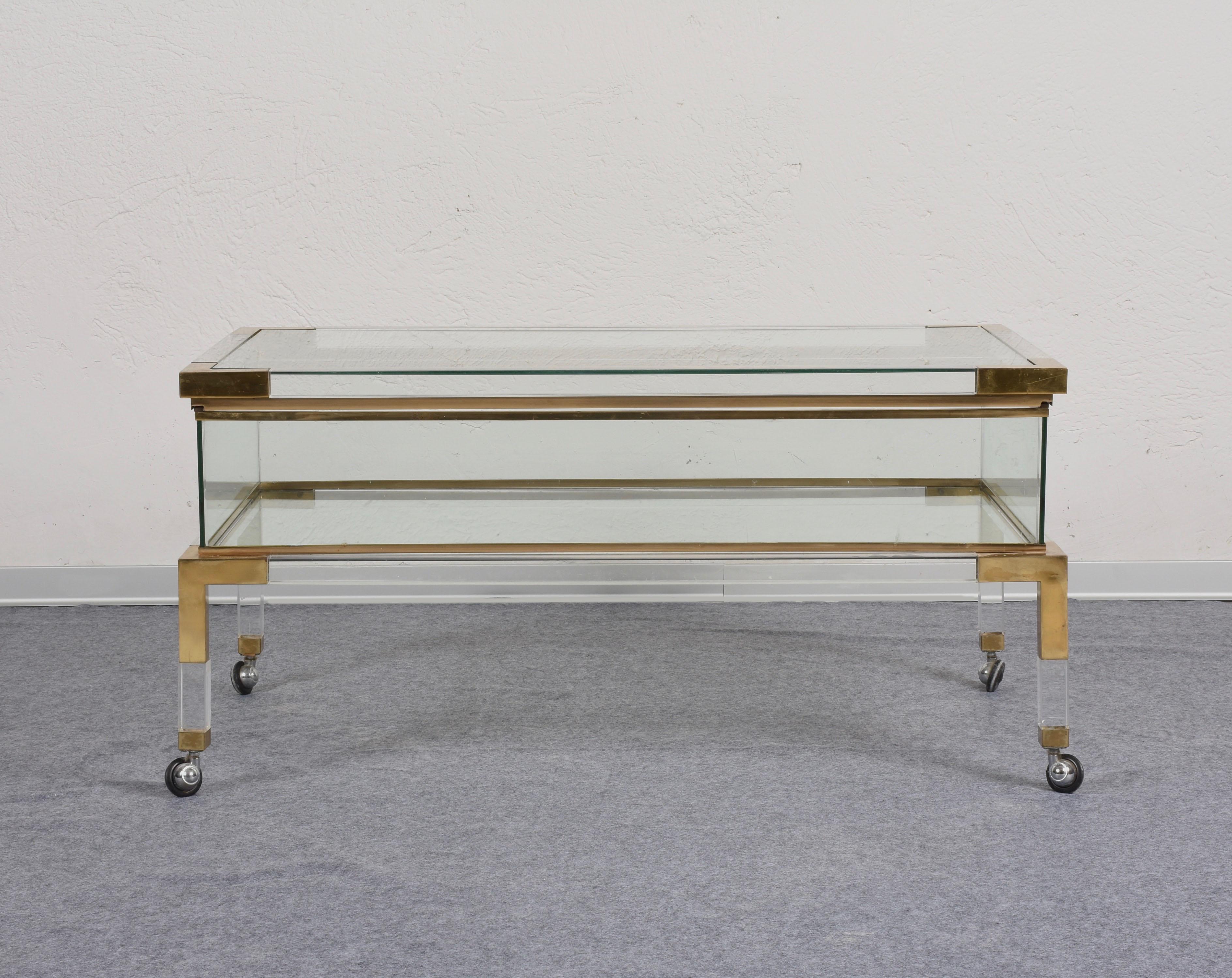 Maison Jansen Coffee Table with Sliding Shelf Lucite and Brass, France, 1970s 5