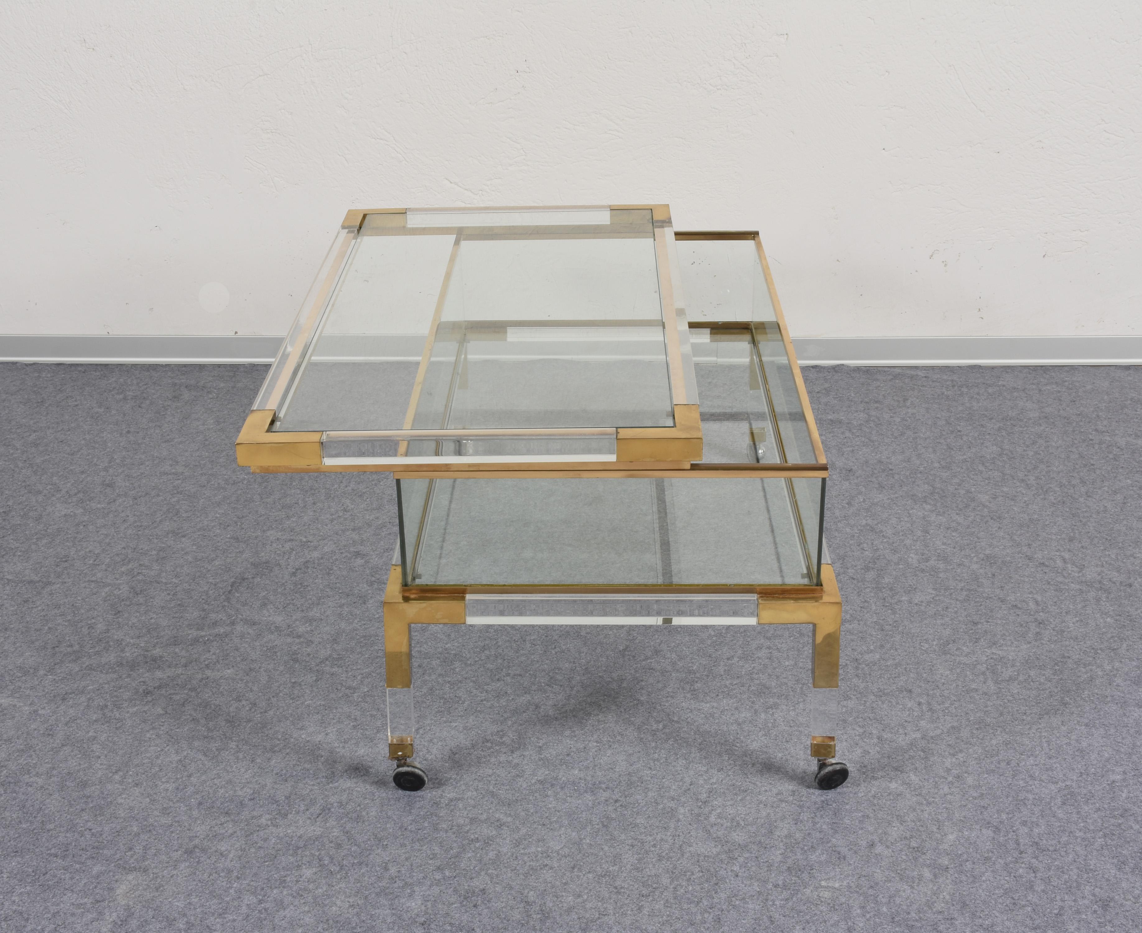 Maison Jansen Coffee Table with Sliding Shelf Lucite and Brass, France, 1970s 6