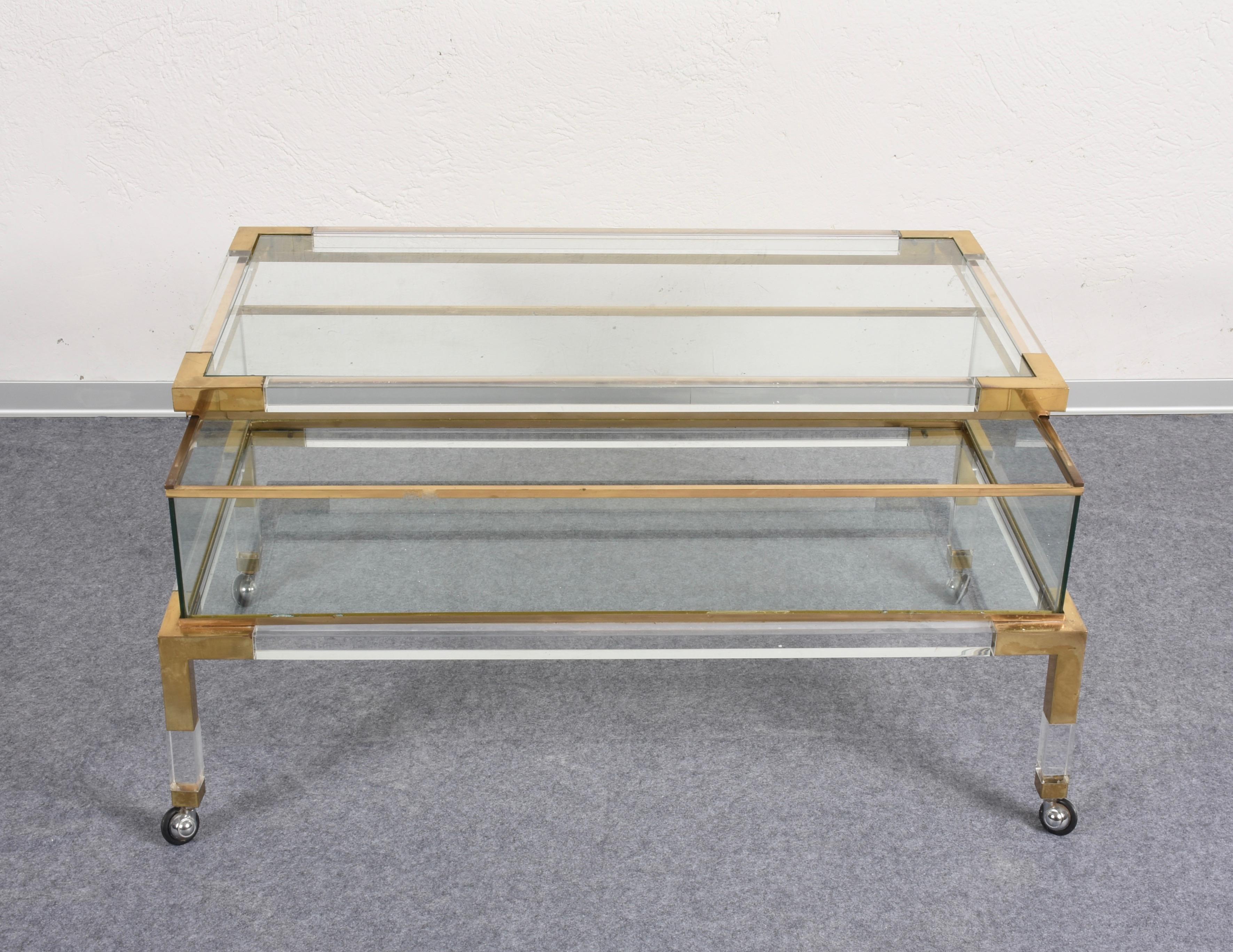 Maison Jansen Coffee Table with Sliding Shelf Lucite and Brass, France, 1970s 7