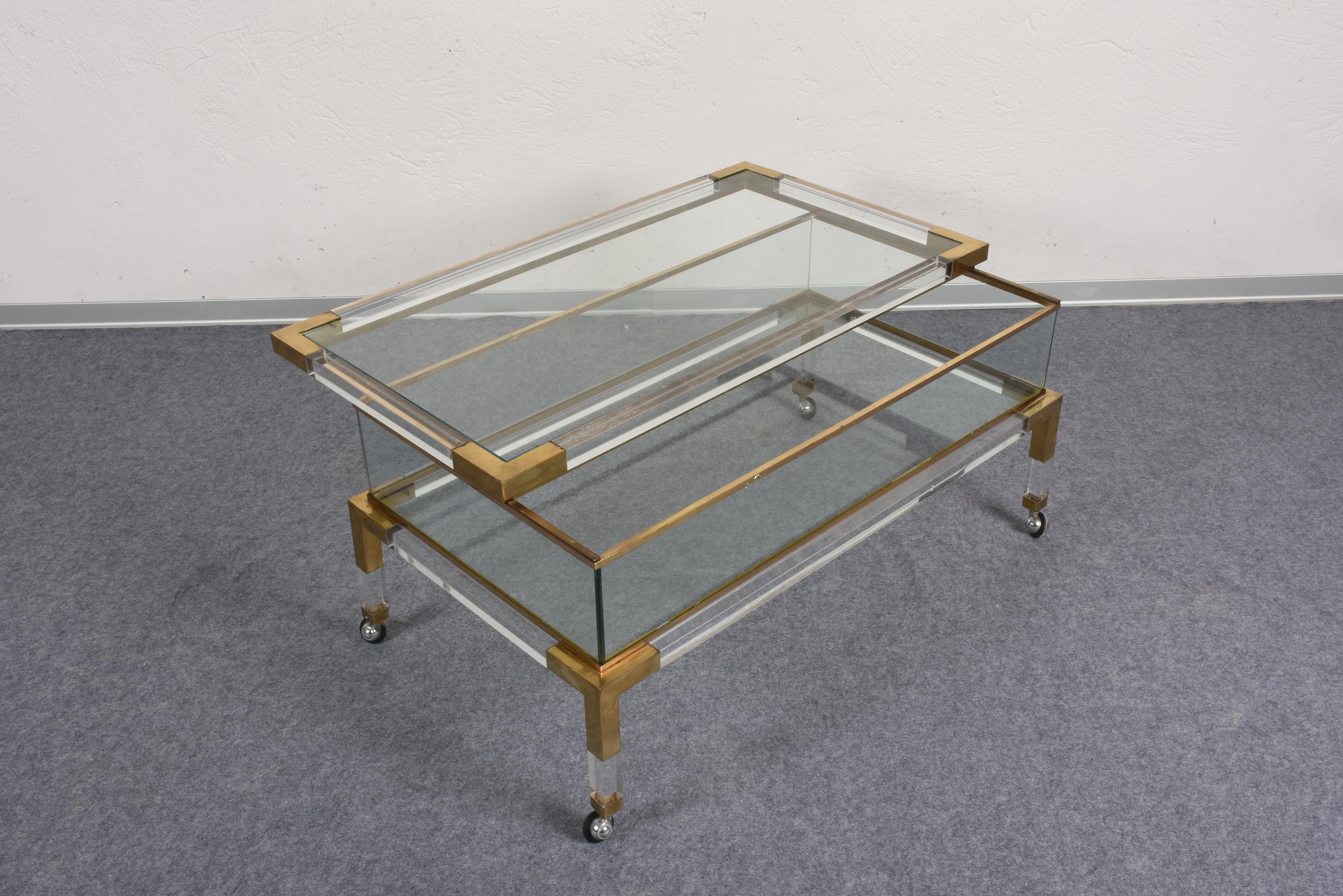 Maison Jansen Coffee Table with Sliding Shelf Lucite and Brass, France, 1970s 12