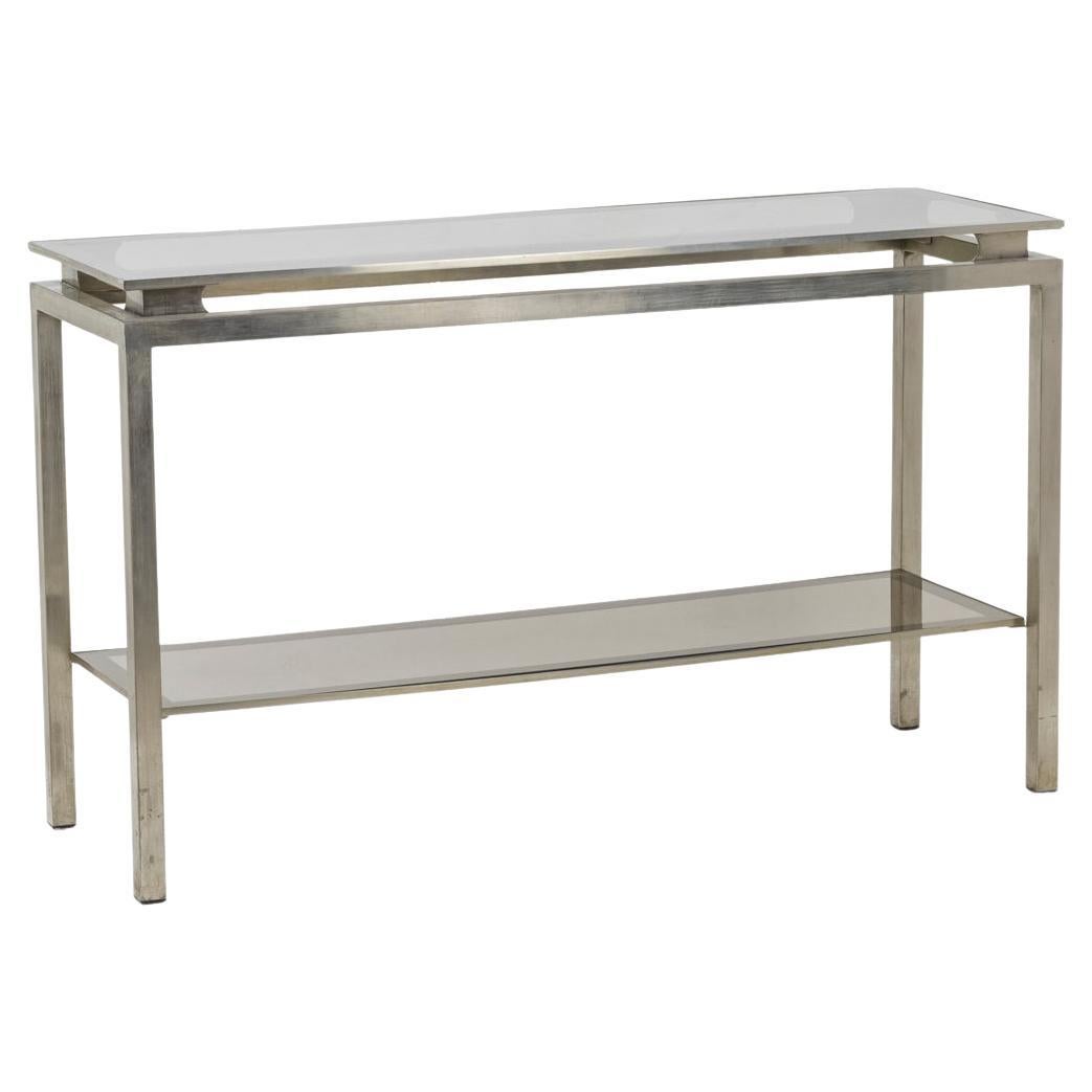 Maison Jansen, Console in brushed metal and glass, 1970s For Sale