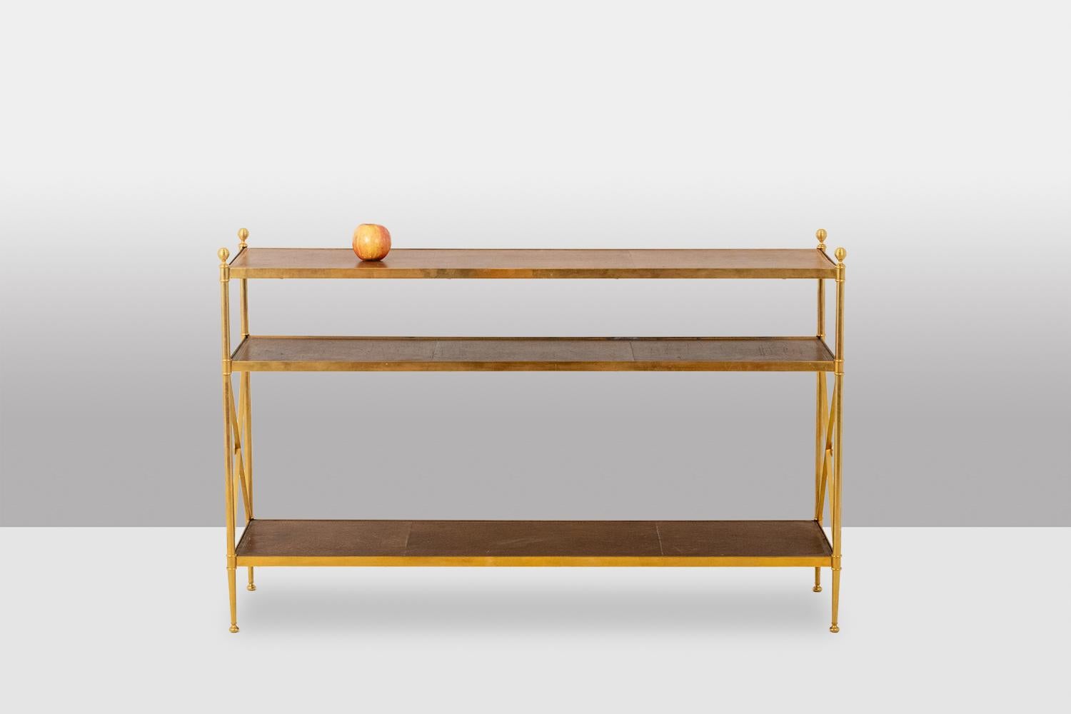 French Maison Jansen. Console in gilded brass and tan leather. 1970s. For Sale