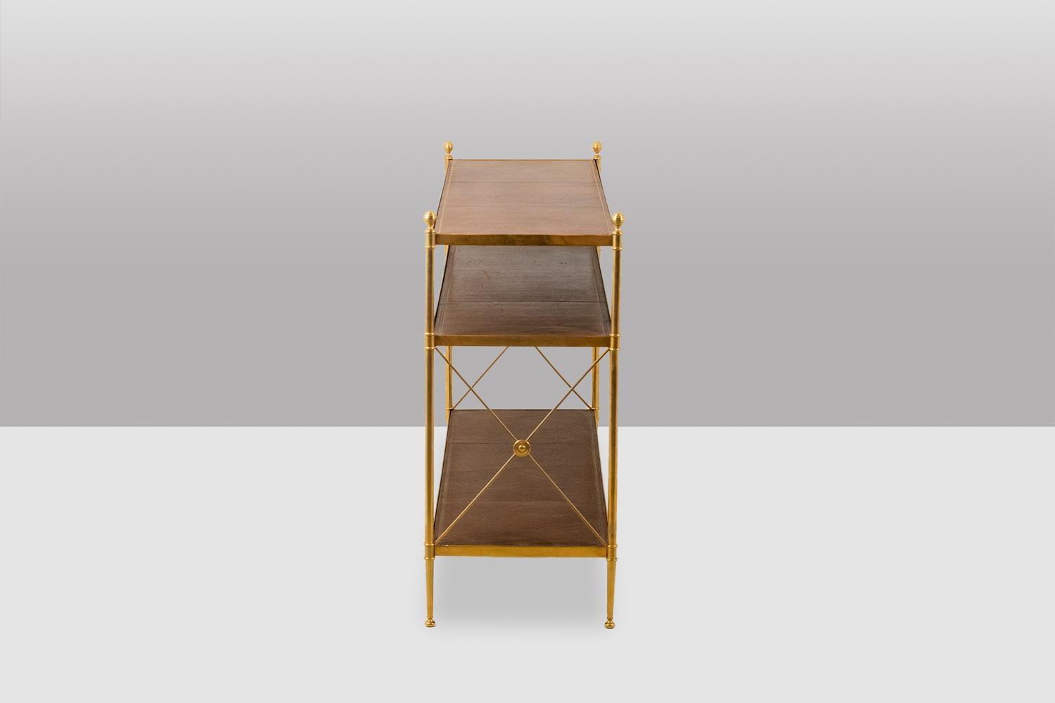 Maison Jansen. Console in gilded brass and tan leather. 1970s. In Excellent Condition For Sale In Saint-Ouen, FR