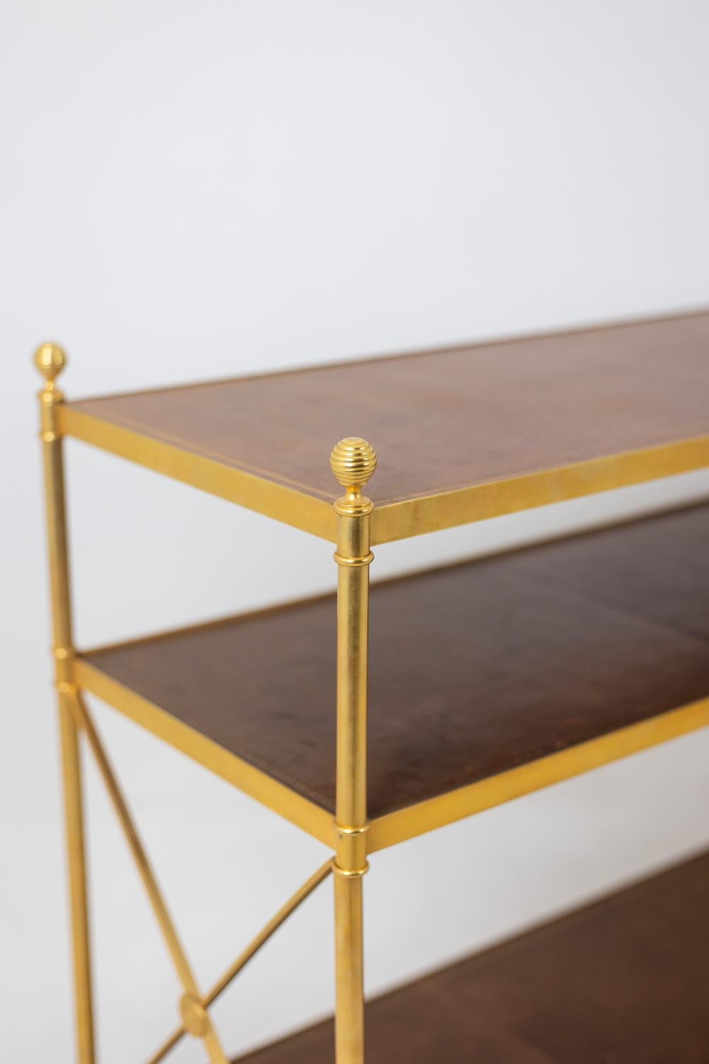 Maison Jansen. Console in gilded brass and tan leather. 1970s. For Sale 2