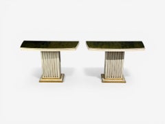 Maison Jansen, tables consoles, bois peint en blanc, miroir vert églomisé, 1950