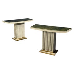 Maison Jansen, tables consoles, bois peint en blanc, miroir vert églomisé, 1950