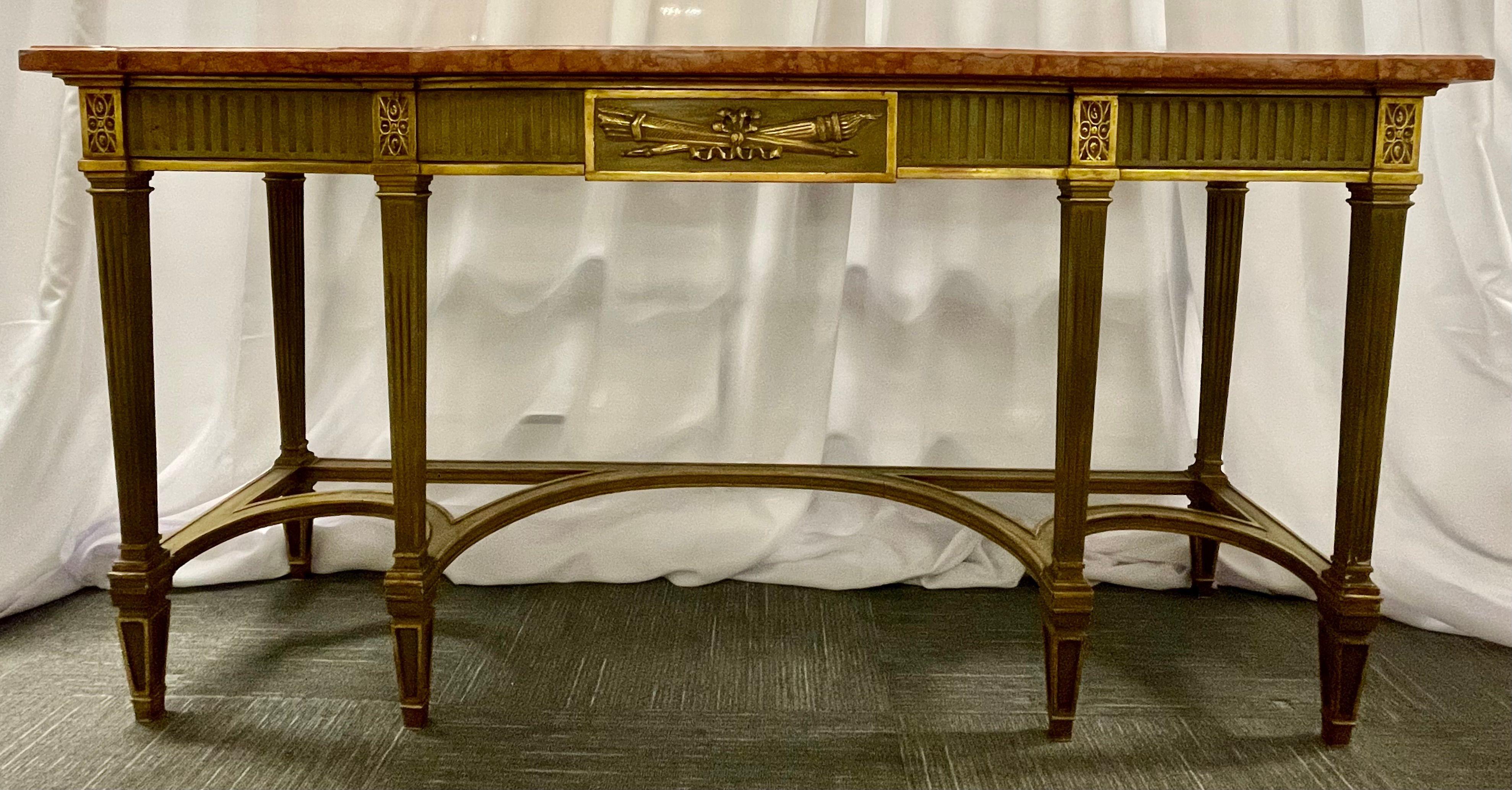 Fabulous Maison Jansen console with six raised legs and vibrant coral marble top and tree drawers. Gold leaf hi-lites and bronze sabots make this a beautiful piece.