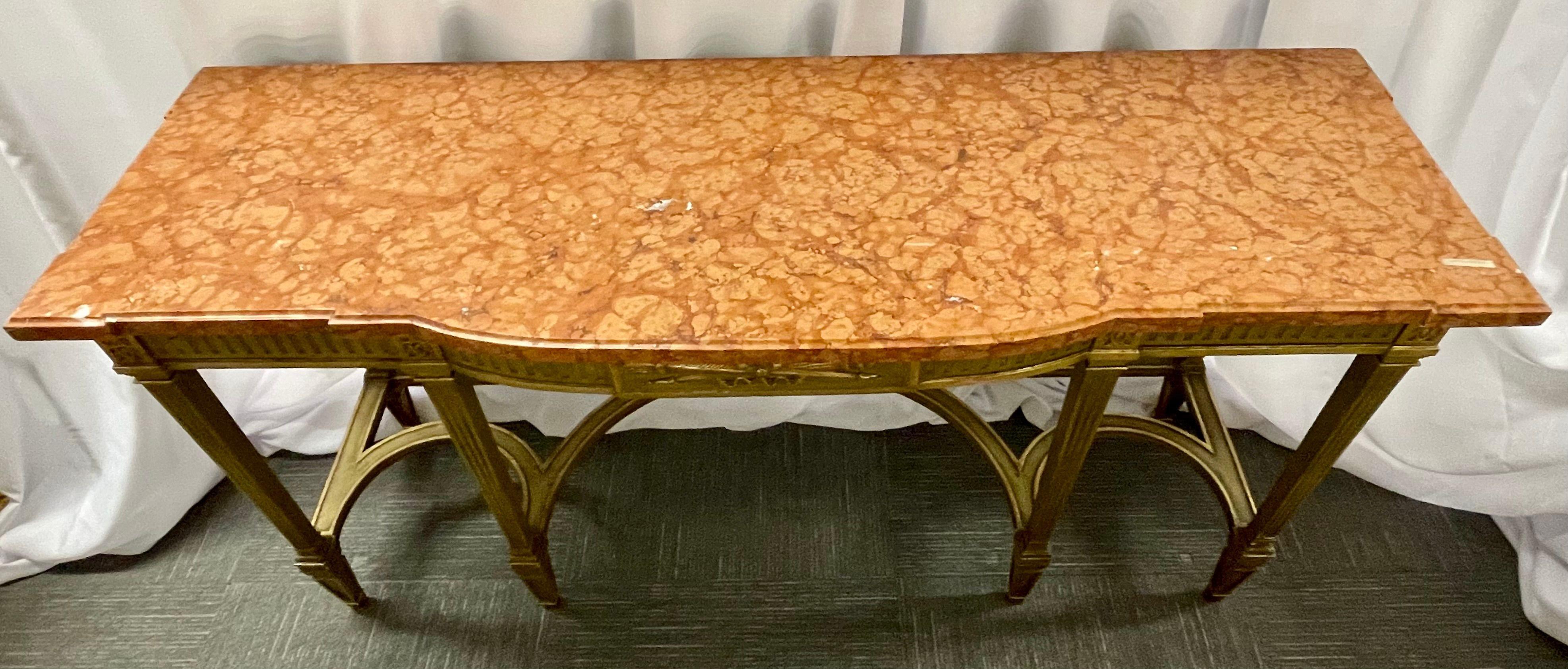 Wood Maison Jansen Console with Six Raised Legs and Marble Top For Sale