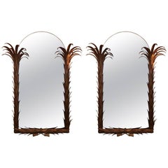 Maison Jansen Couple of Mirrors, Palm Tree Shape Metal Painted Gold France, 1960