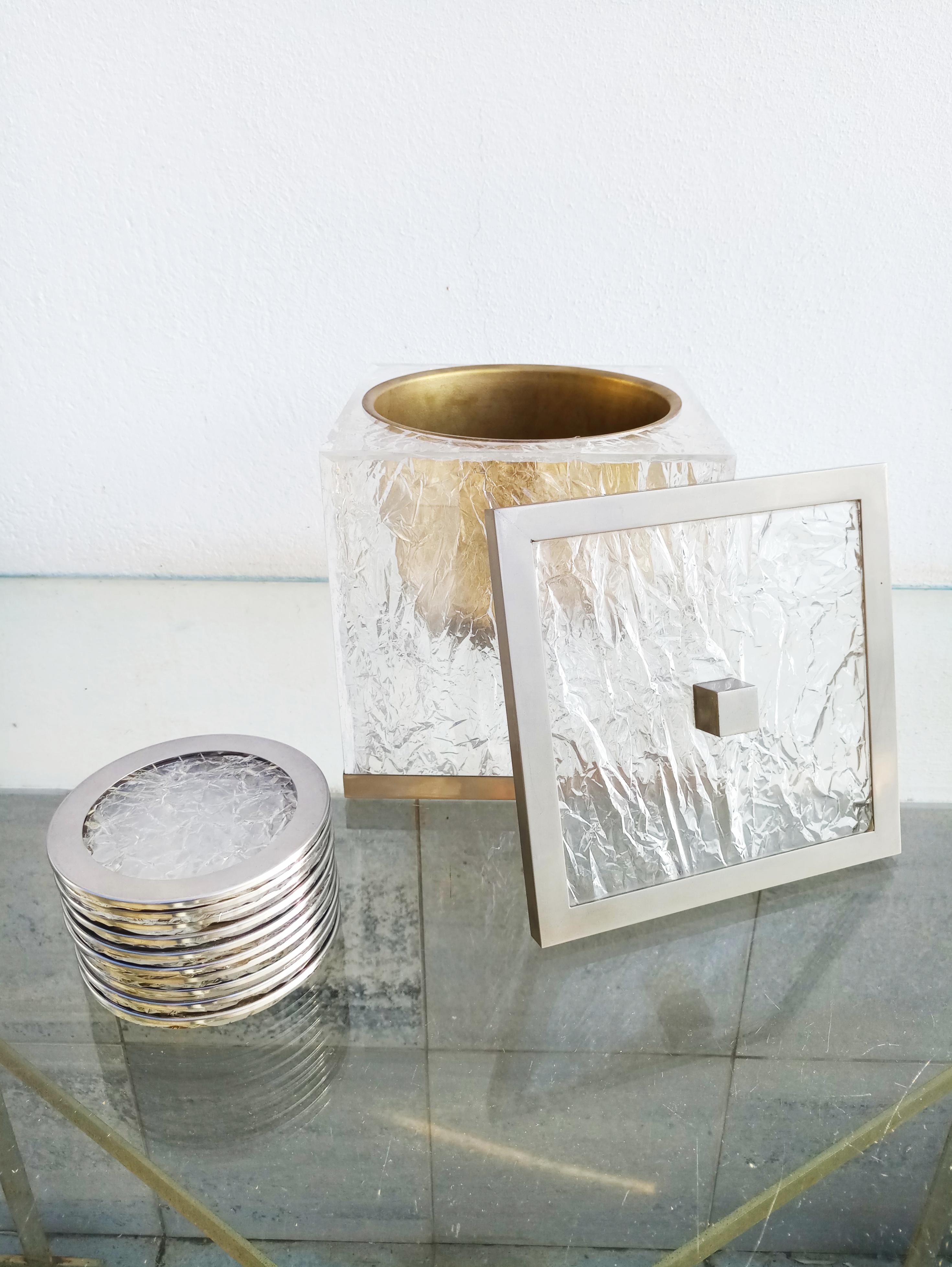 Metal Maison Jansen Cracked Lucite Ice Bucket and Coasters, France, 1970s