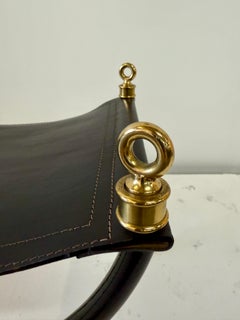 Maison Jansen Curule Stool in Stitched Leather, Brass and Metal