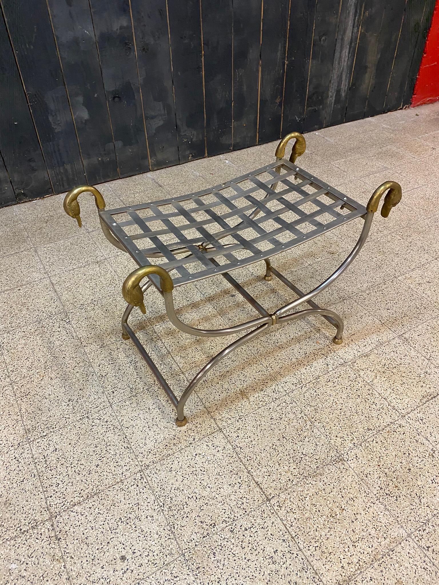 Mid-Century Modern Maison Jansen, Curulle Stool in Steel and Brass, circa 1950/1960 For Sale