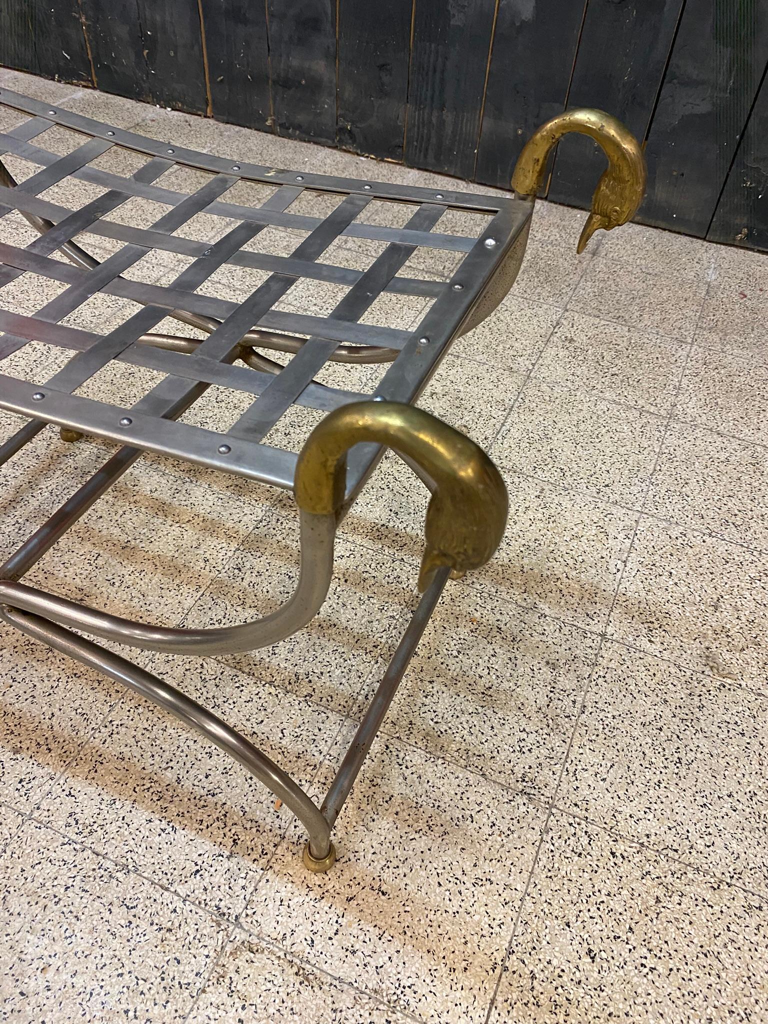 French Maison Jansen, Curulle Stool in Steel and Brass, circa 1950/1960 For Sale