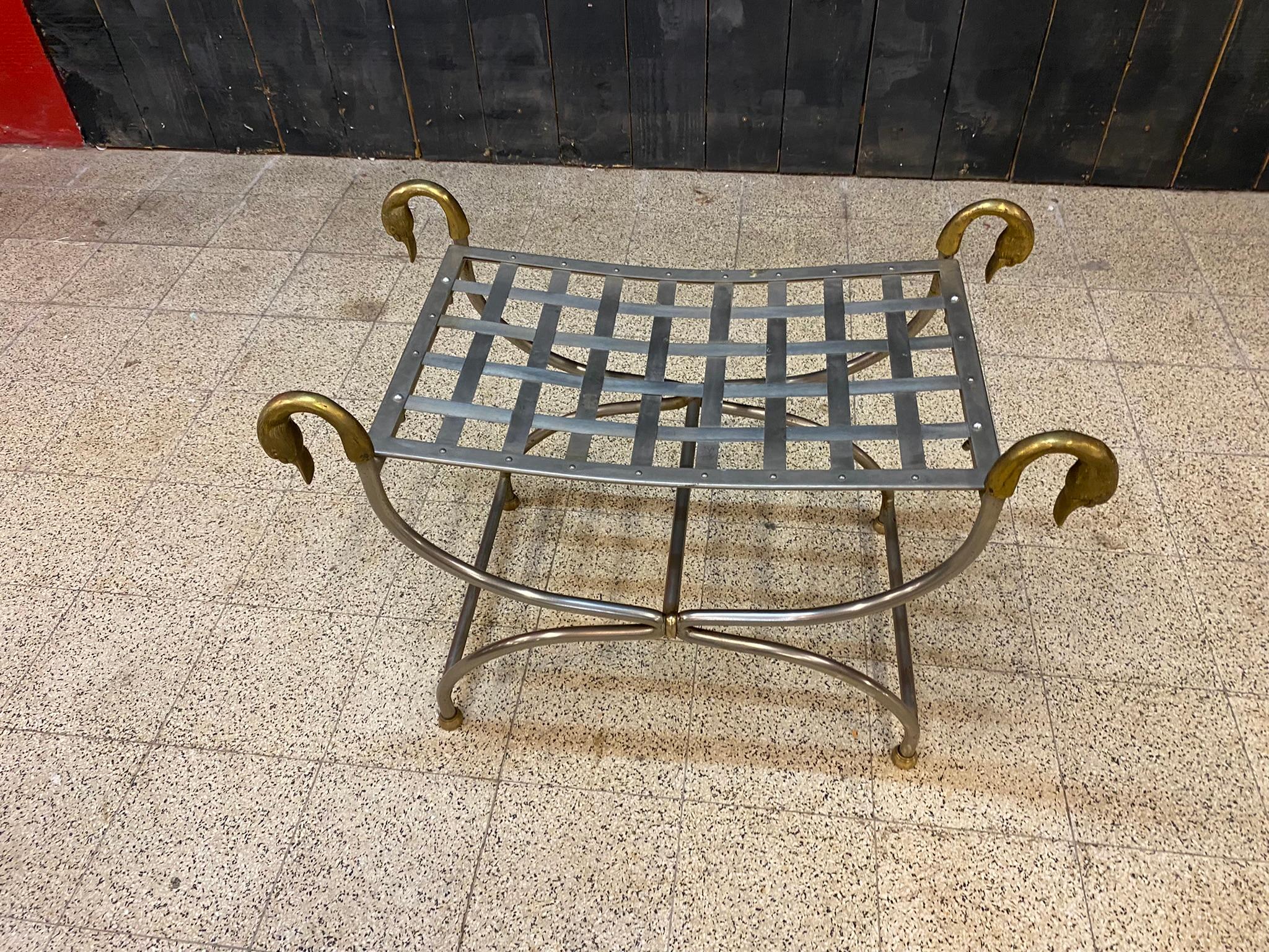 Mid-20th Century Maison Jansen, Curulle Stool in Steel and Brass, circa 1950/1960 For Sale