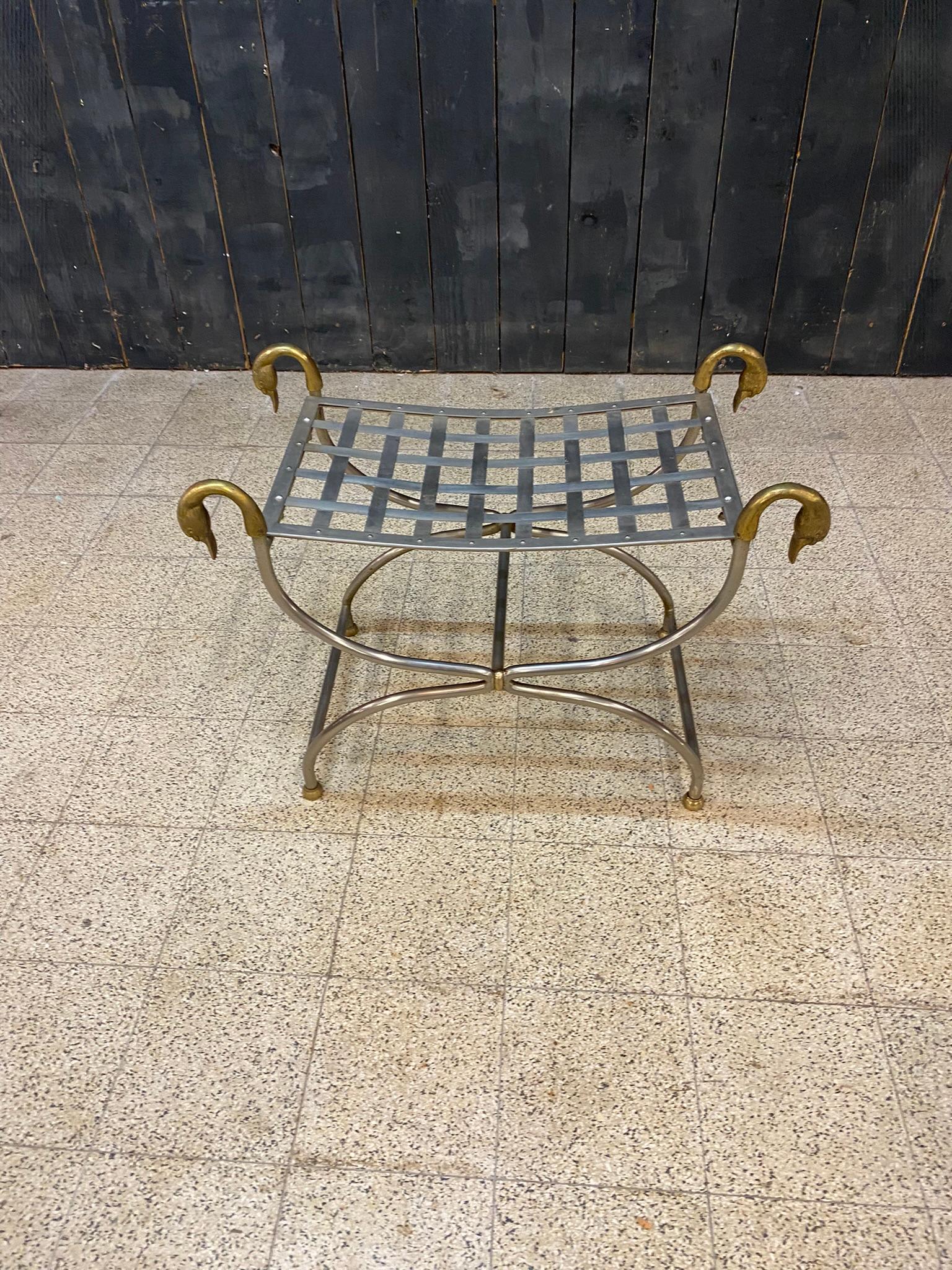 Maison Jansen, Curulle Stool in Steel and Brass, circa 1950/1960 For Sale 2