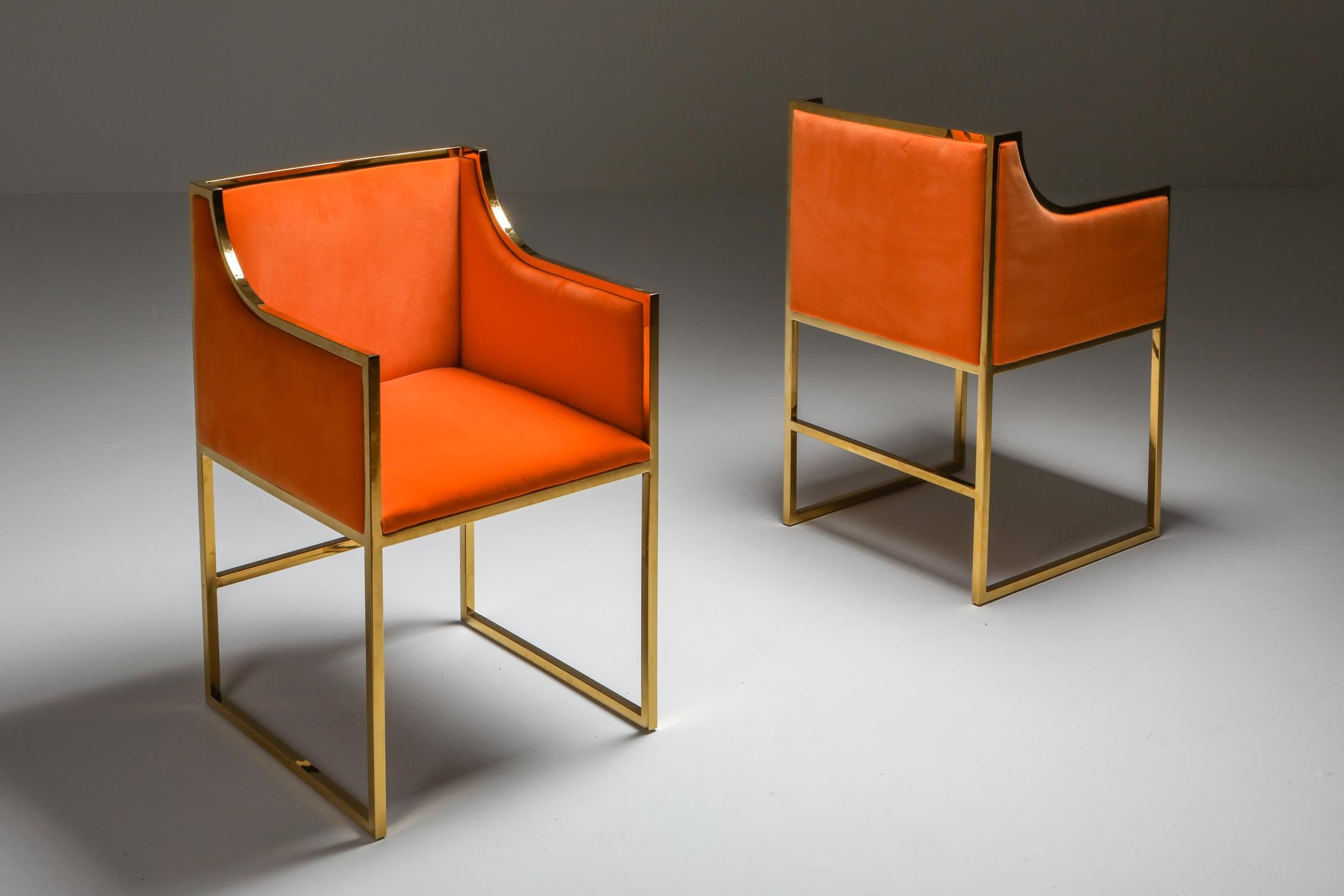 Maison Jansen Dining Armchairs in Brass and Orange Velvet 4