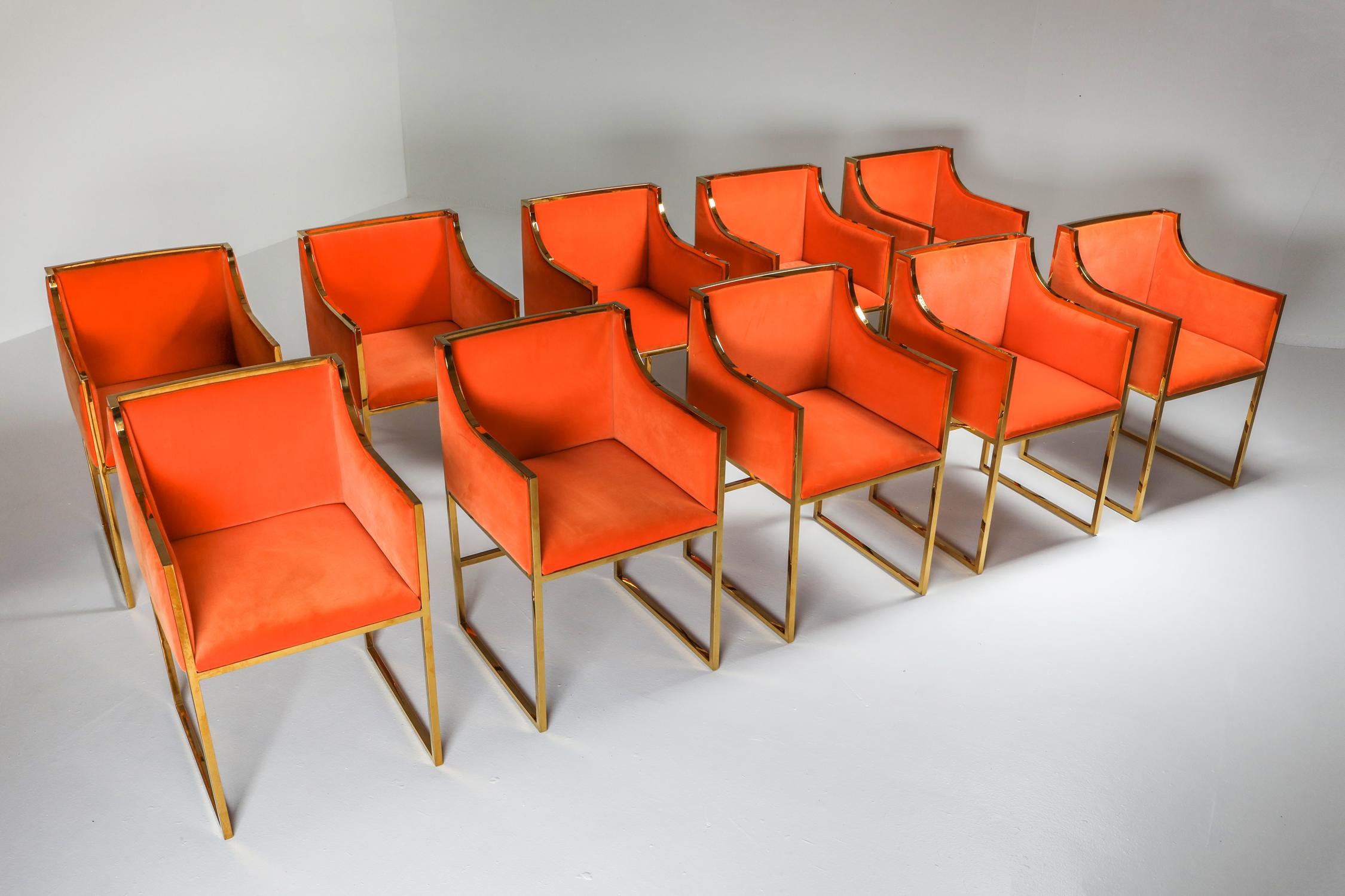 French Maison Jansen Dining Armchairs in Brass and Orange Velvet