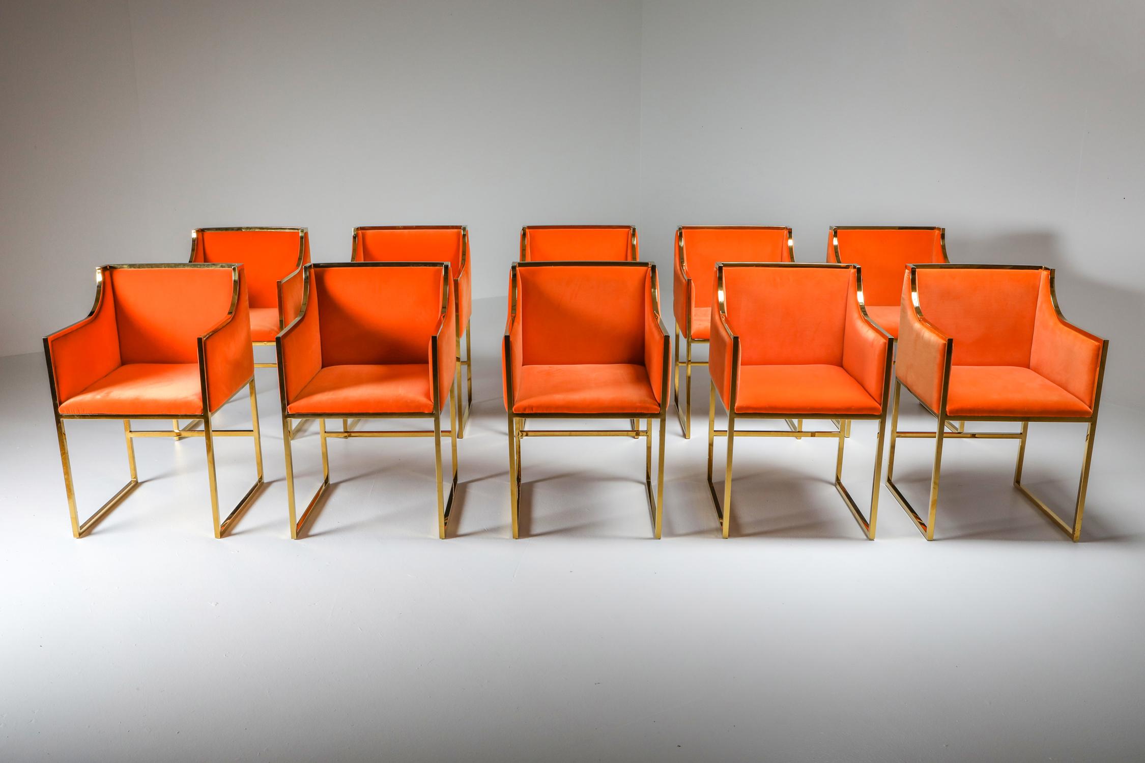 Maison Jansen Dining Armchairs in Brass and Orange Velvet In Excellent Condition In Antwerp, BE