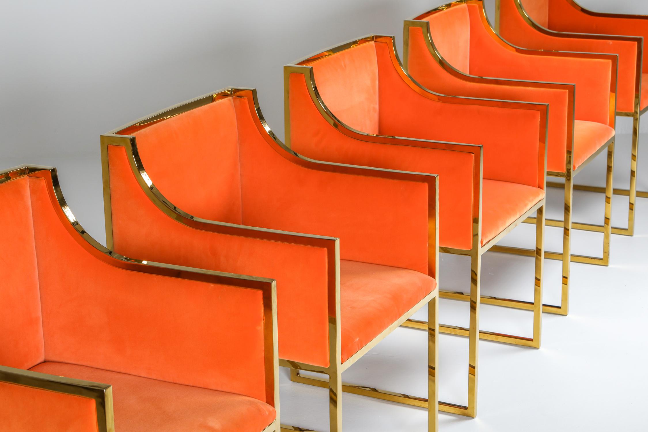 Maison Jansen Dining Armchairs in Brass and Orange Velvet 1