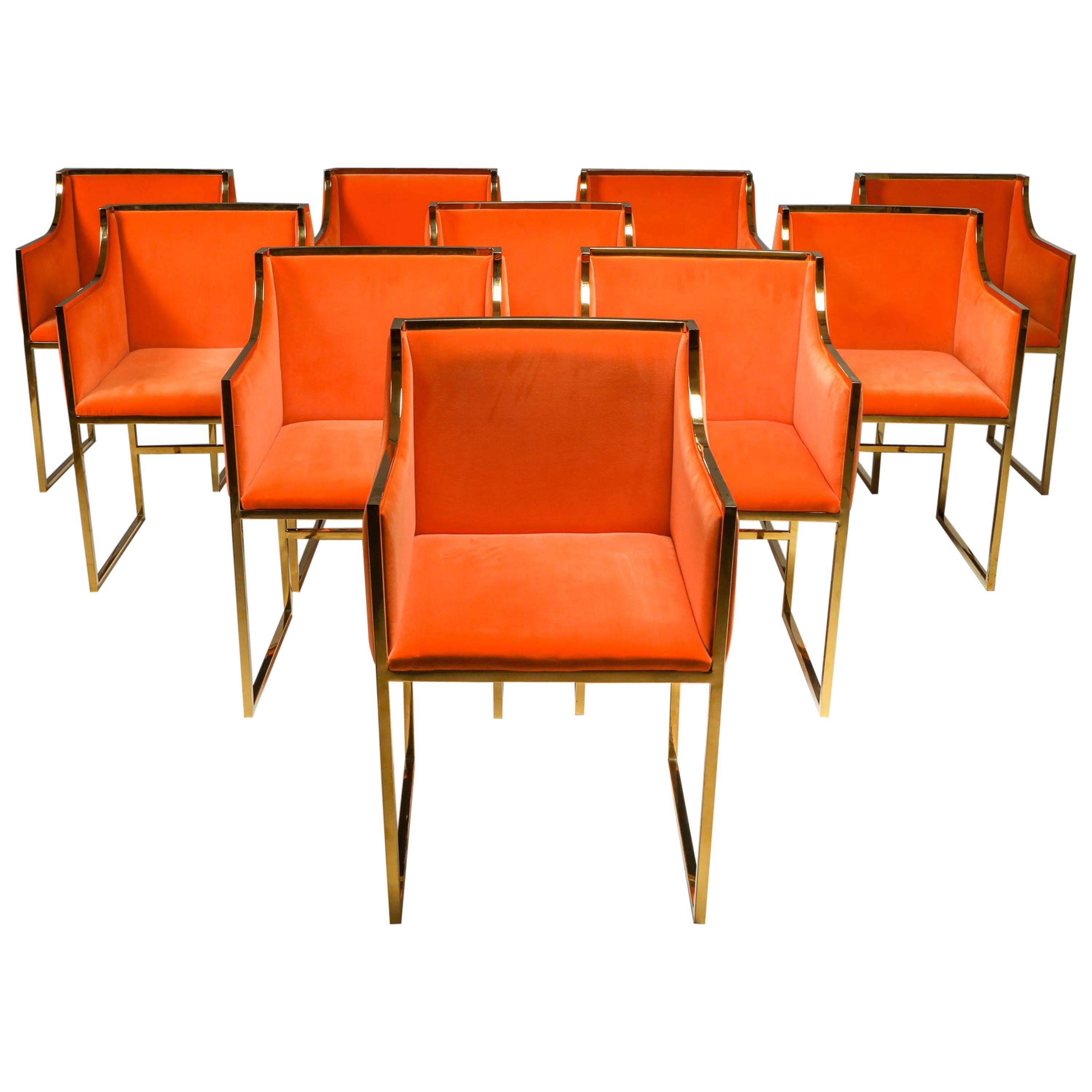 Maison Jansen Dining Armchairs in Brass and Orange Velvet