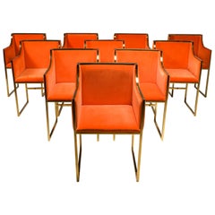 Retro Maison Jansen Dining Armchairs in Brass and Orange Velvet