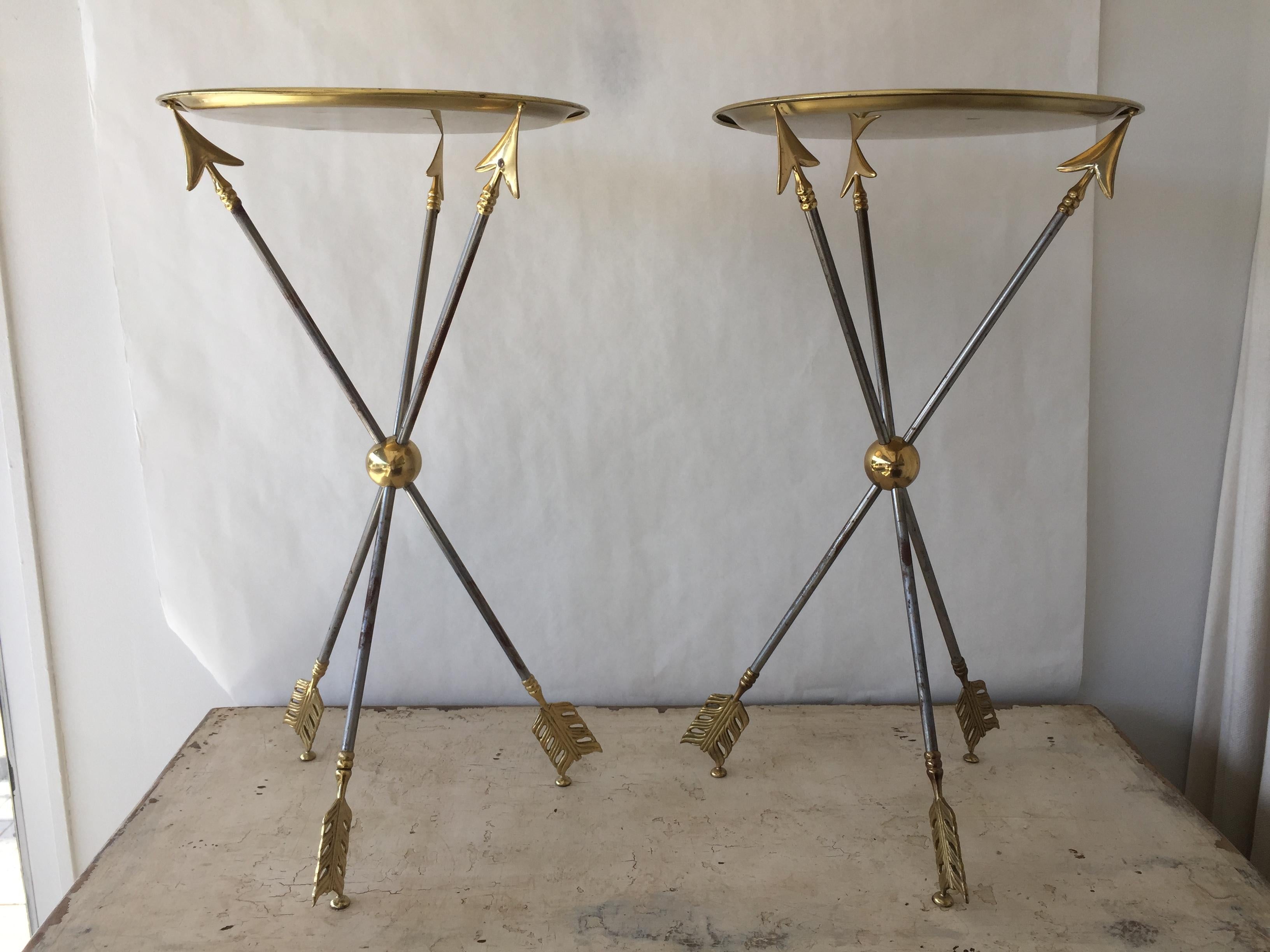 Mid-20th Century Maison Jansen Directoire Arrow Sidetables with Original Brass Trays, Pair