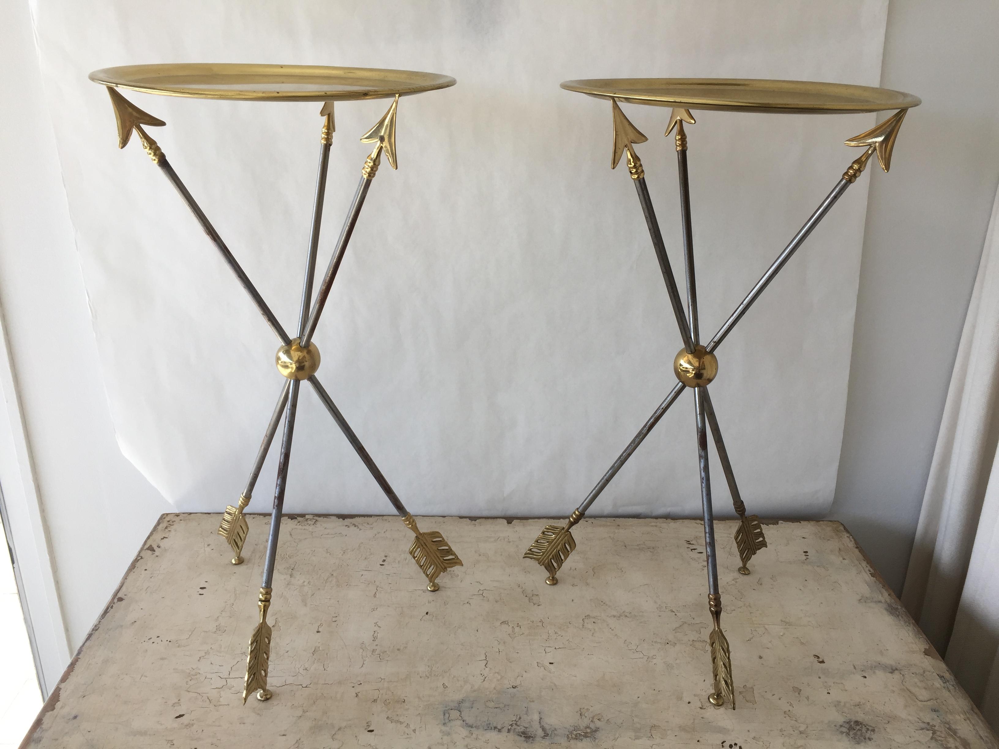 Maison Jansen Directoire Arrow Sidetables with Original Brass Trays, Pair 2